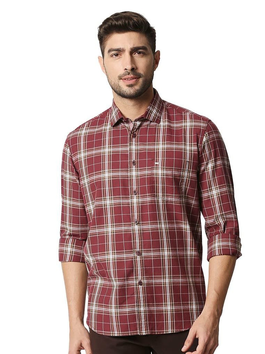 

Basics Men Relaxed Fit Spread Collar Tartan Checked Cotton Casual Shirt, Red
