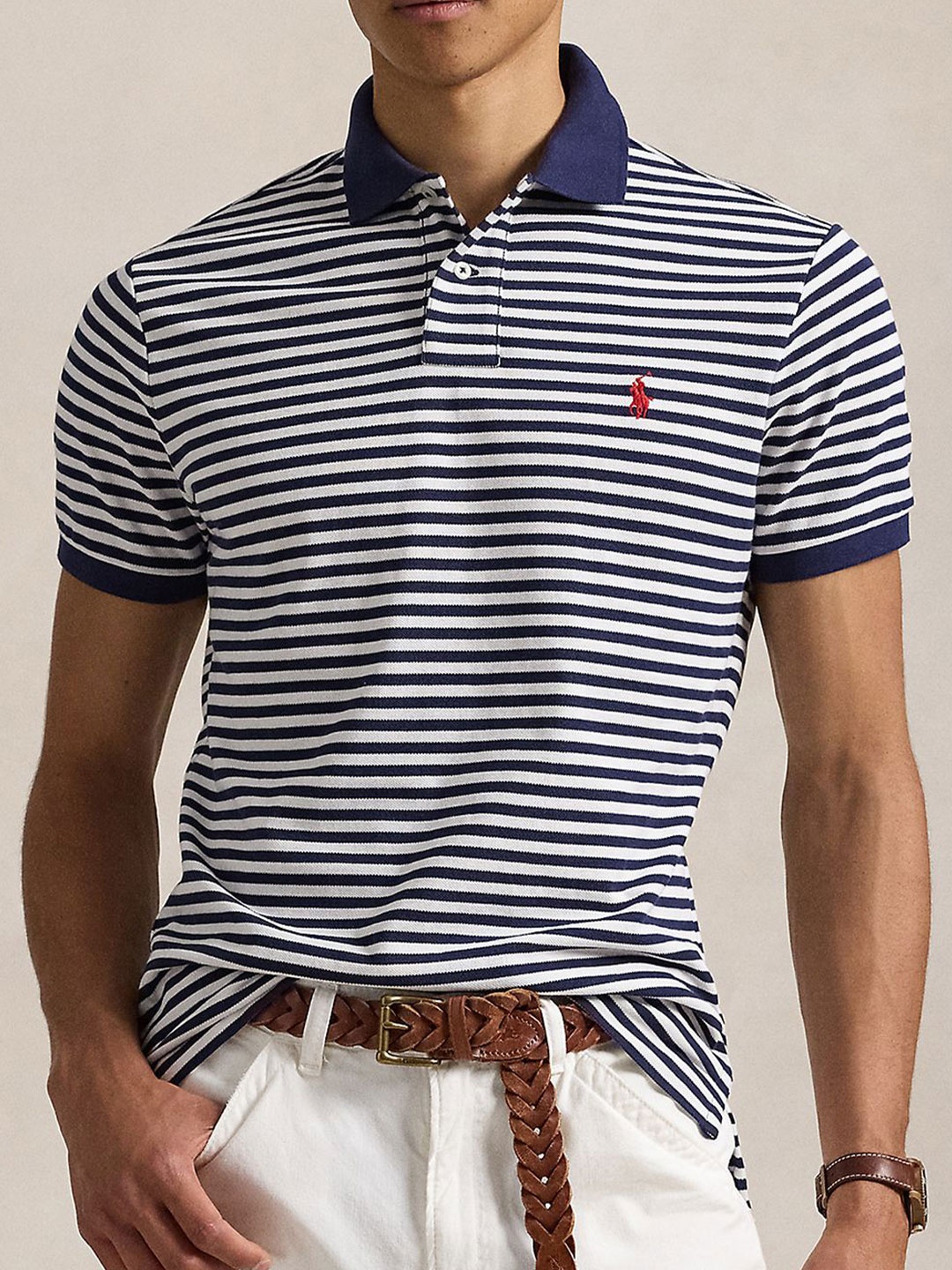 

Polo Ralph Lauren Men Striped Polo Collar Cotton Slim Fit T-shirt, White