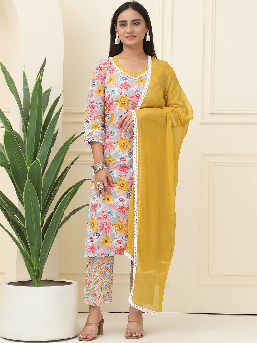 

BAESD Floral Printed Lace Work V-Neck Pure Cotton Straight Kurta With Trousers & Dupatta, Peach