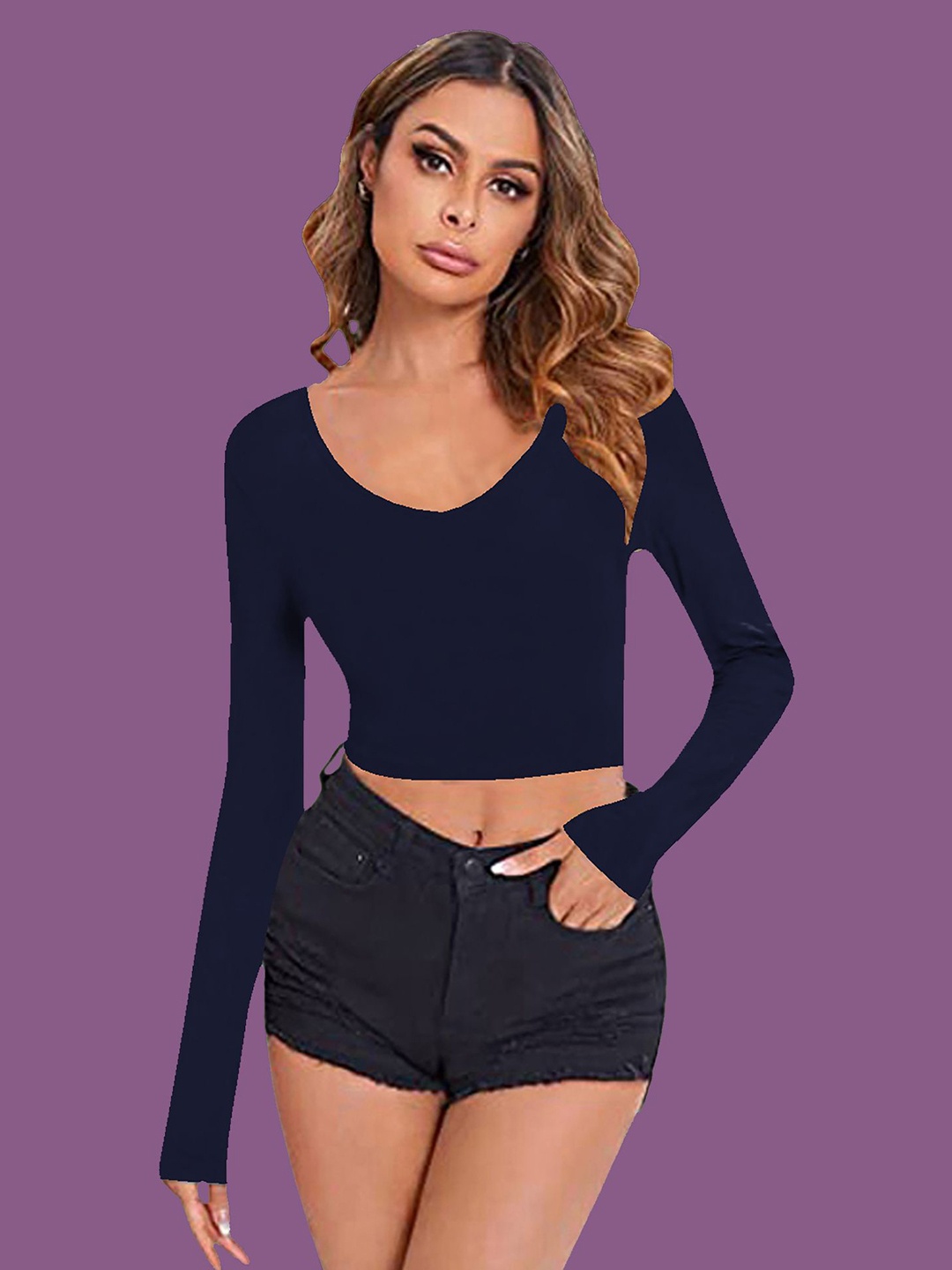 

Dream Beauty Fashion Women Round Neck Long Sleeves Crop Top, Navy blue