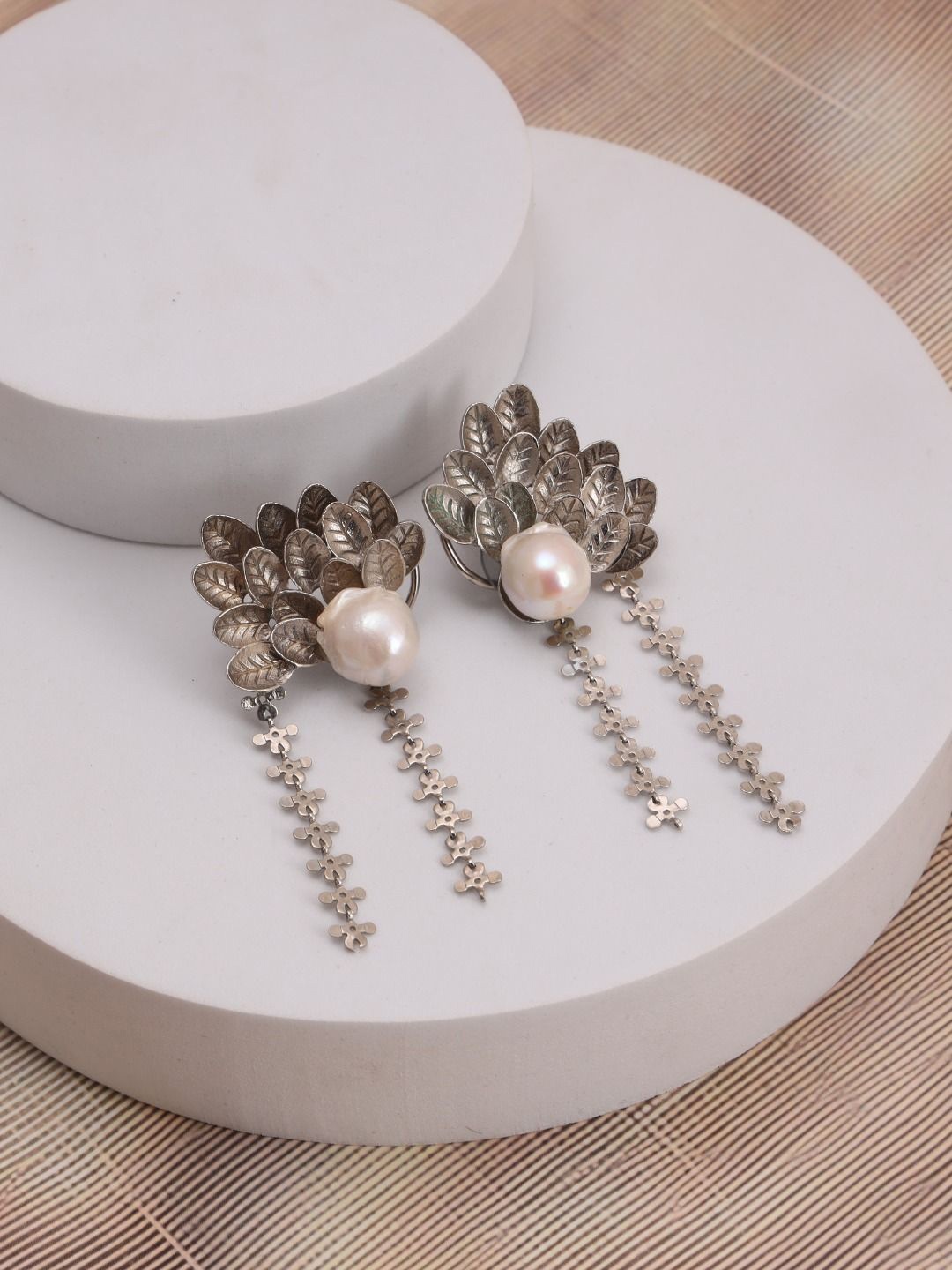 

Trupti Mohta Rhodium-Plated Pearls Beaded Contemporary Drop Earrings, Silver