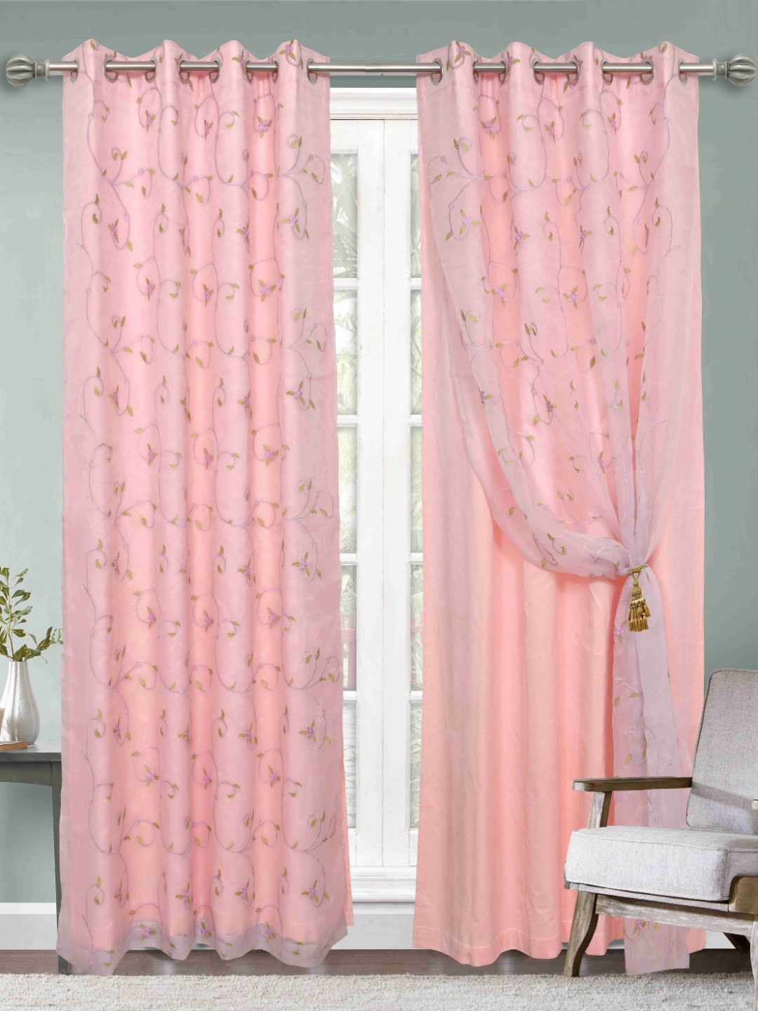 

Aura Pink And Green 2 Pieces Embroidered Long Door Rod Pocket Velvet Curtains