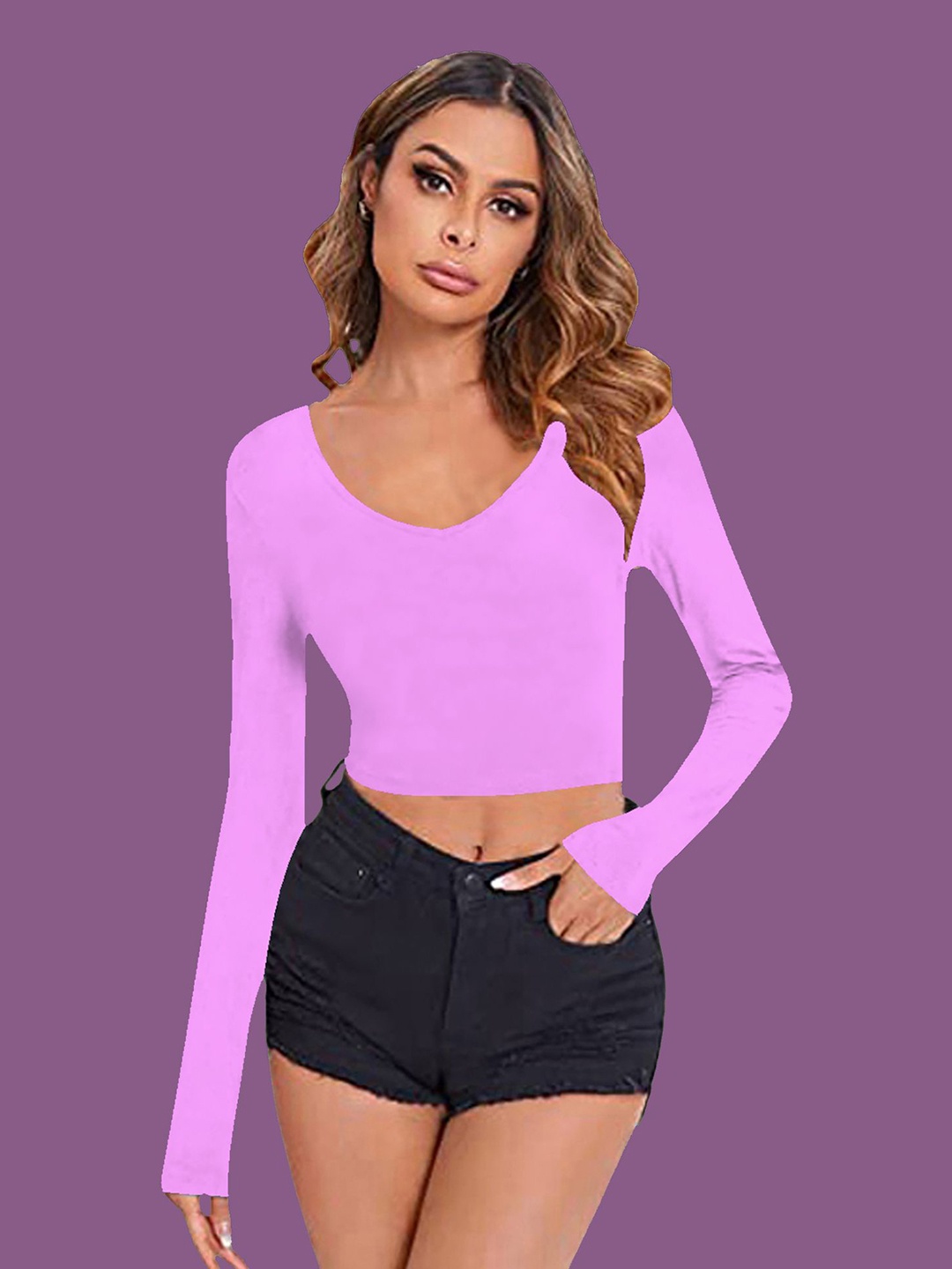 

Dream Beauty Fashion Women Lavender V-Neck Fitted Crop Top