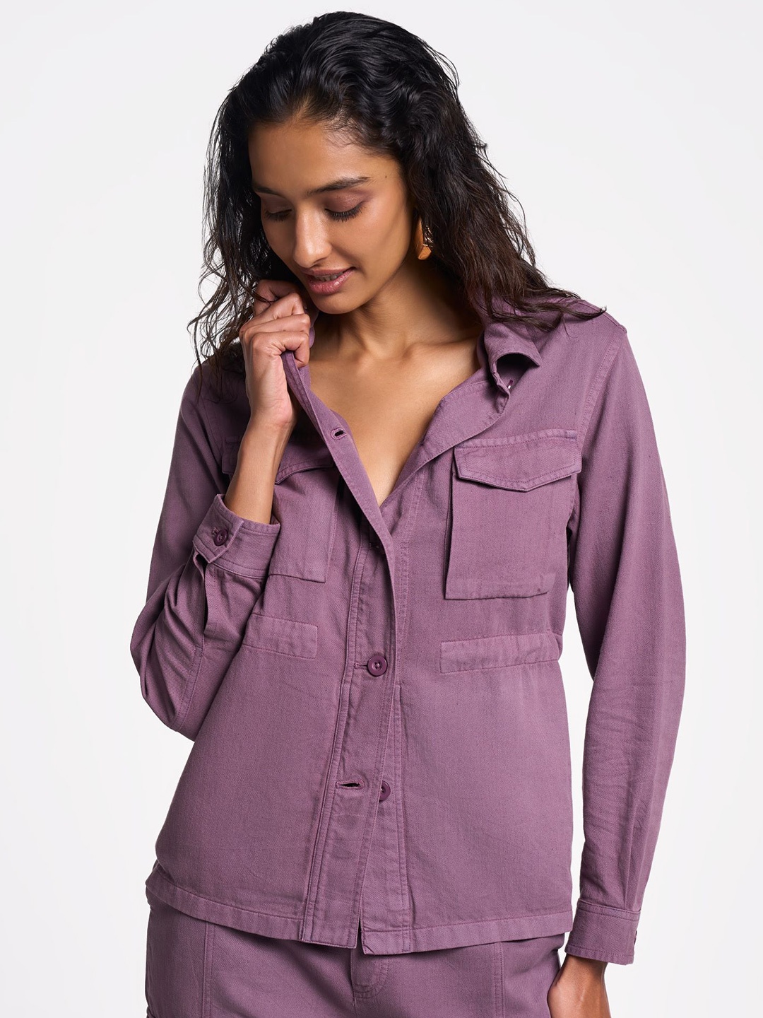 

Terra Luna Women Smart Fit Spread Collar Solid Cotton Casual Shirt, Purple