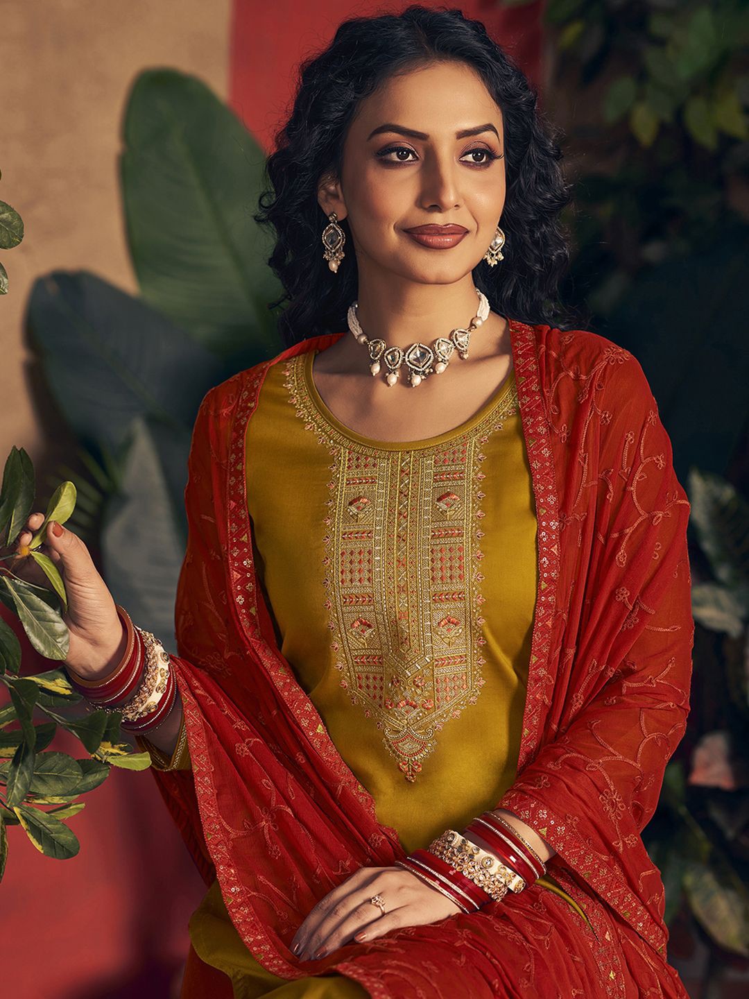 

Anouk Mustard Ethnic Motifs Embroidered Unstitched Dress Material