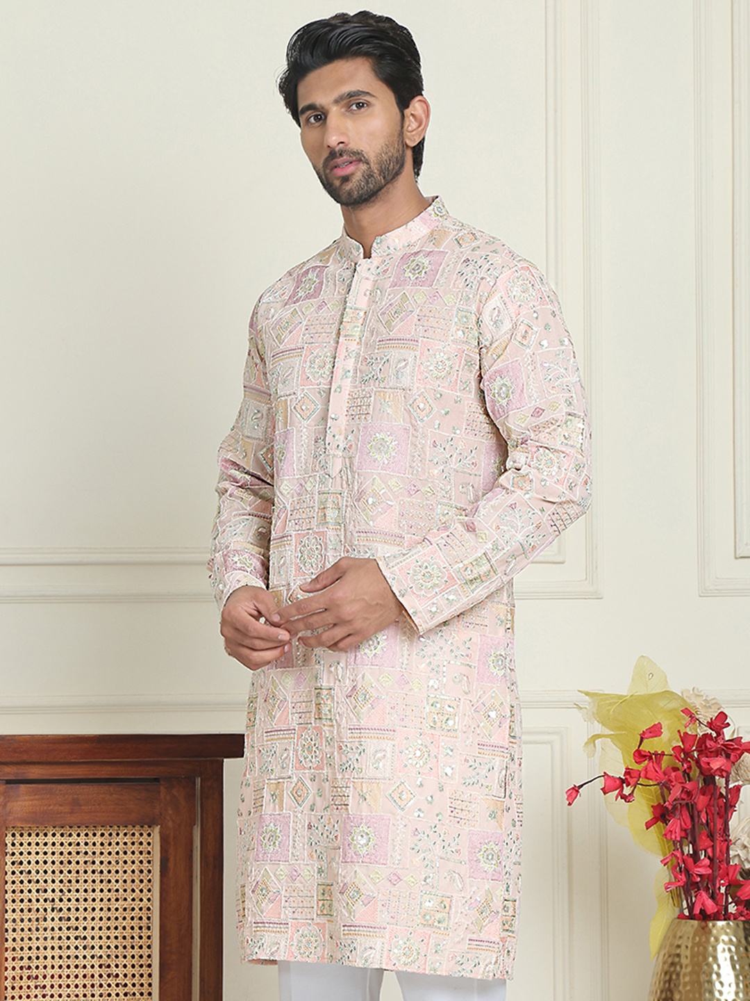 

Jompers Ethnic Motifs Embroidered Mandarin Collar Thread Work Straight Kurtas, Peach