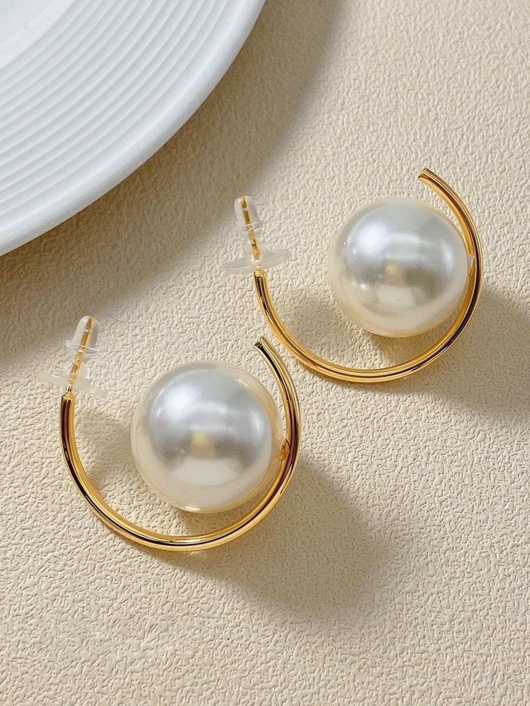 

KAORI BY SHREYA AGARWAL Stainless Steel Gold-Plated Pearls Contemporary Half Hoop Earrings