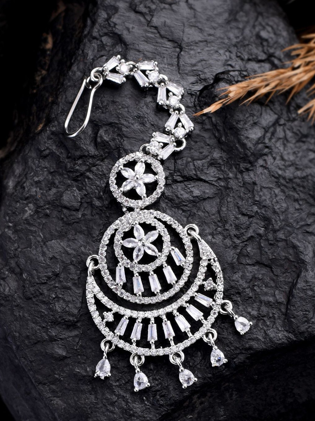 

Silvermerc Designs Silver-Plated Stones Studded Maang Tikka Head Jewellery