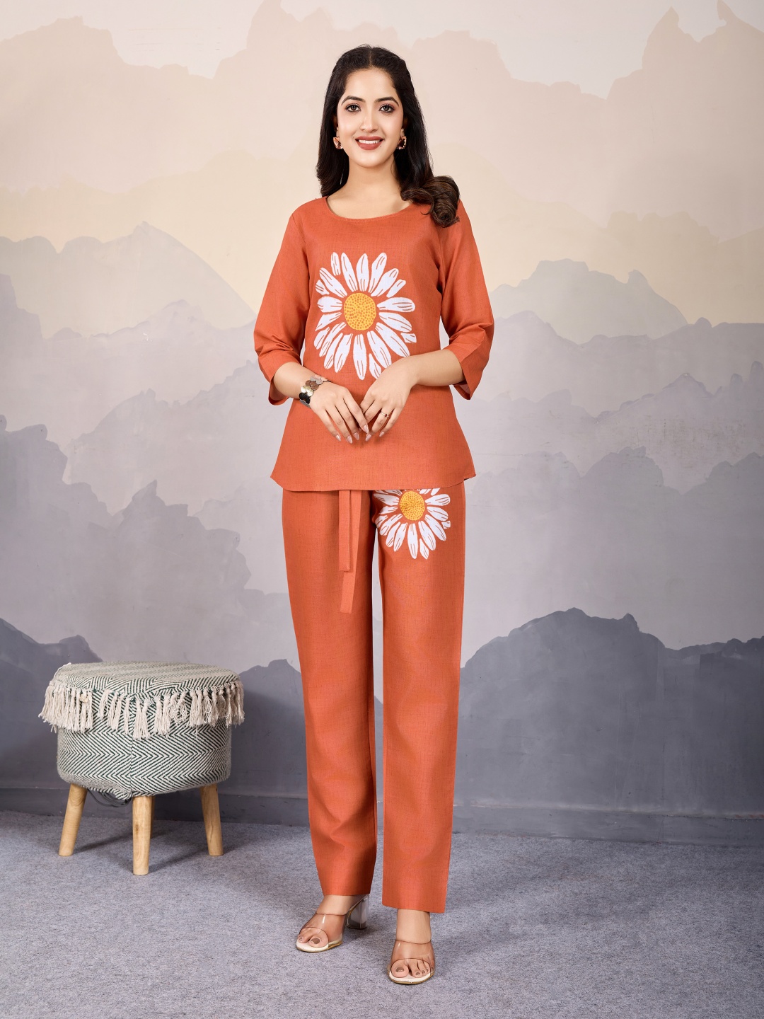 

MOJILAA Floral Printed Round Neck Linen Top With Trousers, Orange