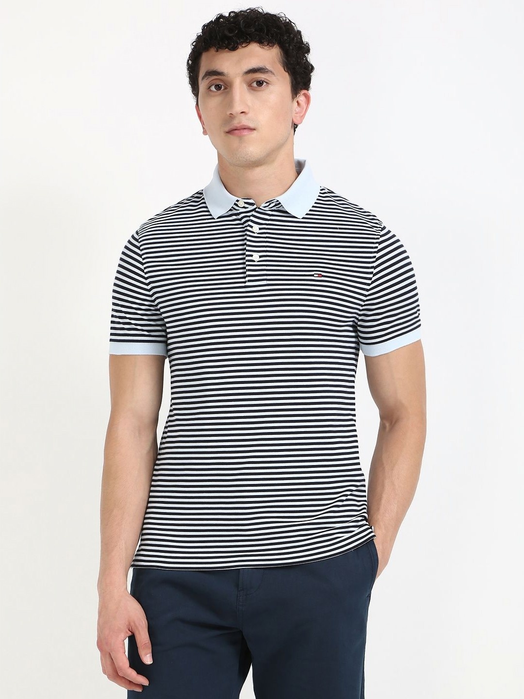 

Tommy Hilfiger Men Striped Polo Collar Cotton Slim Fit T-shirt, Navy blue