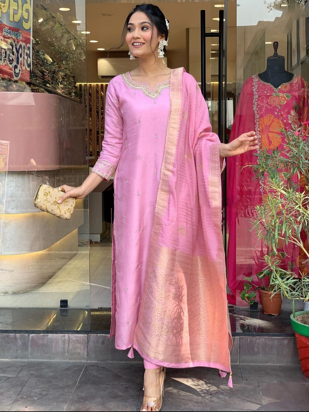 

ZIBLON Ethnic Motifs Embroidered Pure Silk Straight Kurta With Trousers And Dupatta, Pink