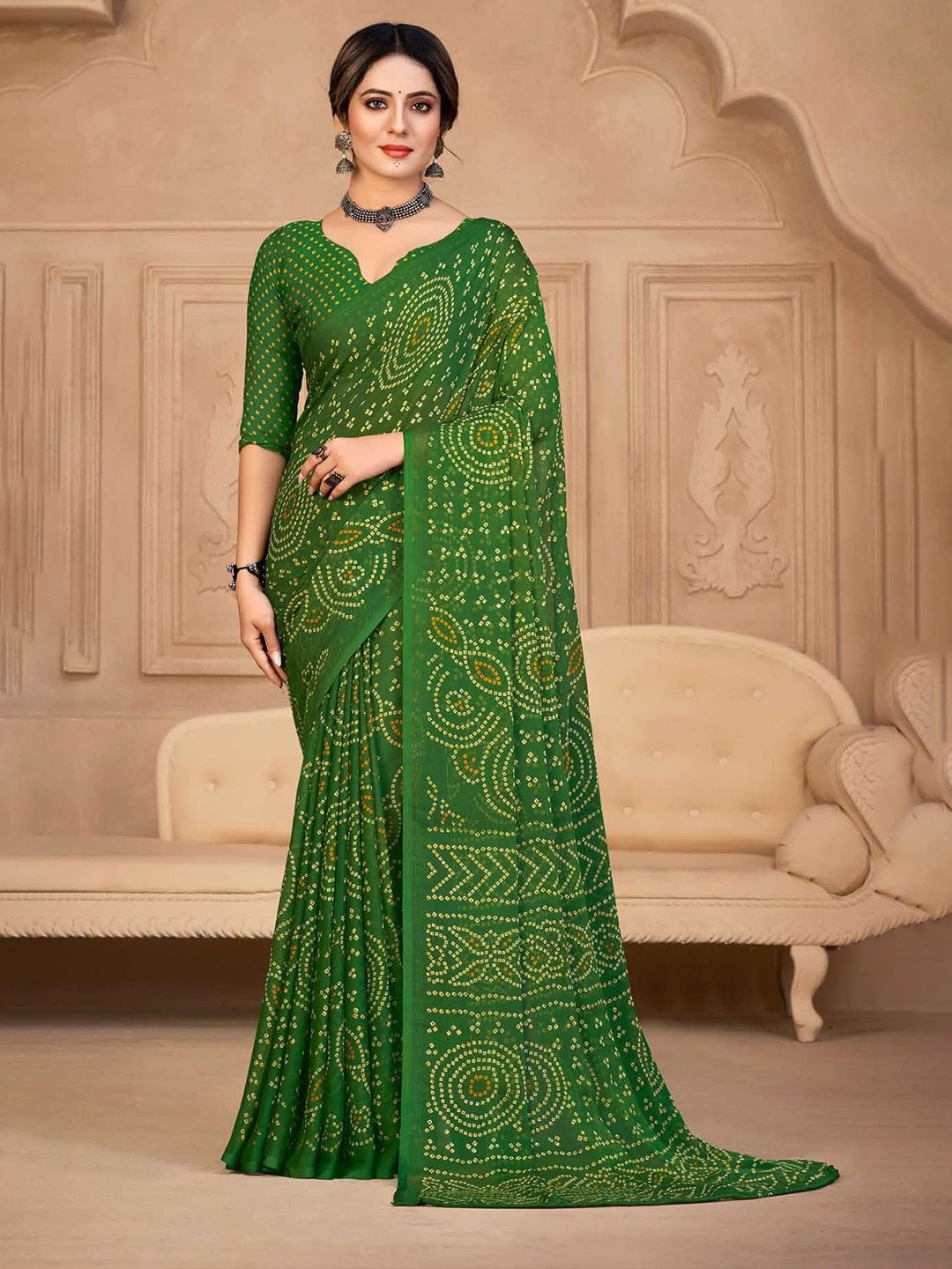 

DURGA EMPORIO Bandhani Pure Chiffon Bandhani Saree, Green
