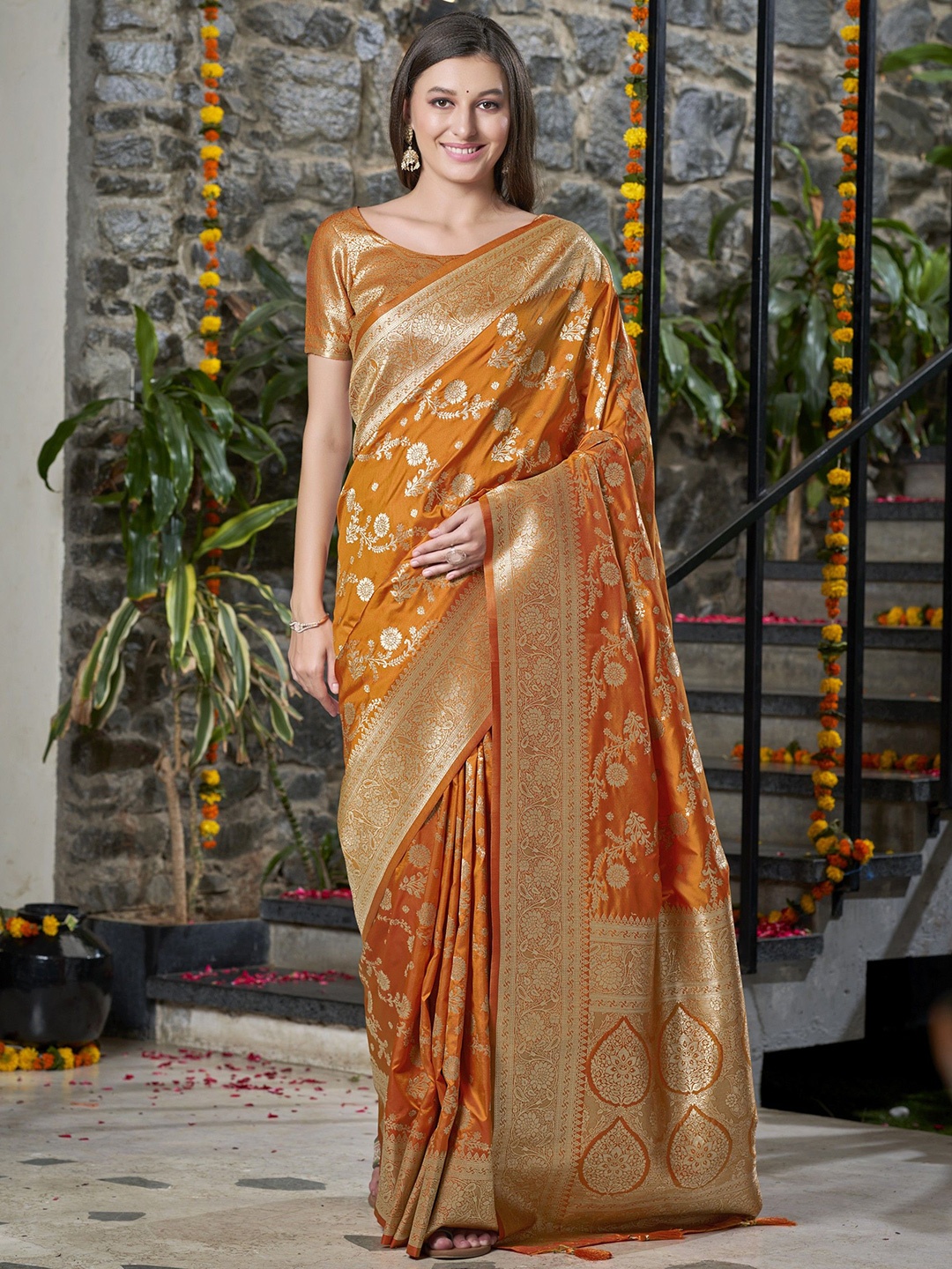 

SAREETHNIC Woven Design Zari Pure Silk Banarasi Saree, Mustard