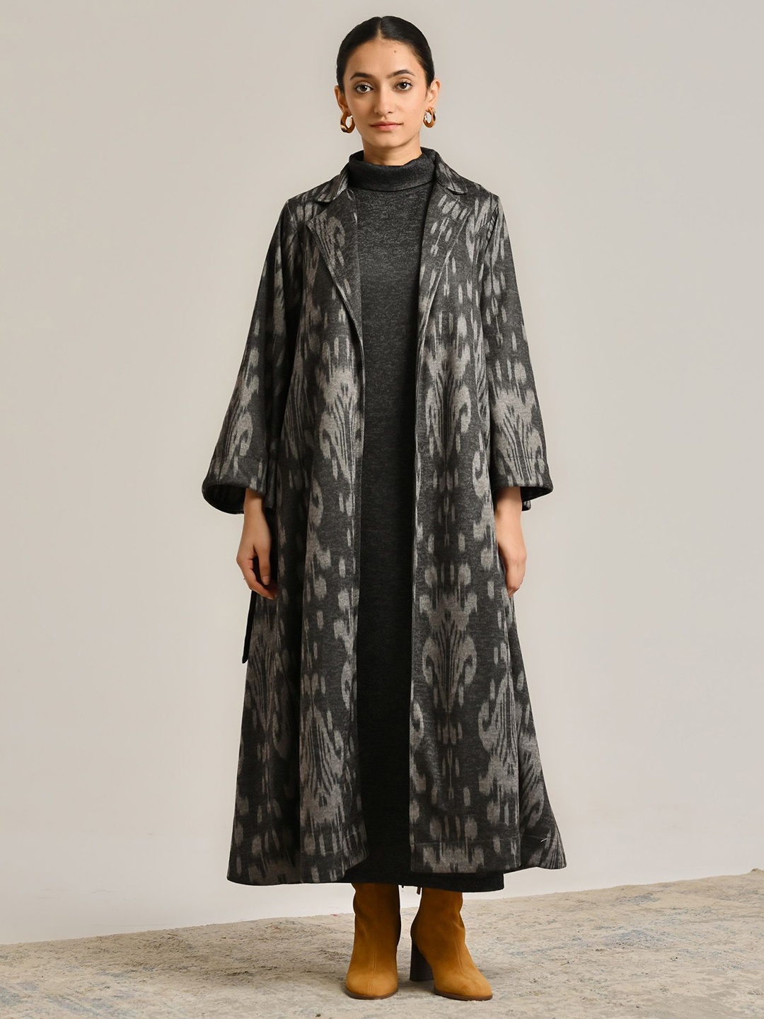 

Rustorange Women Black Woollen Statement Trench Coat with Belt Detail