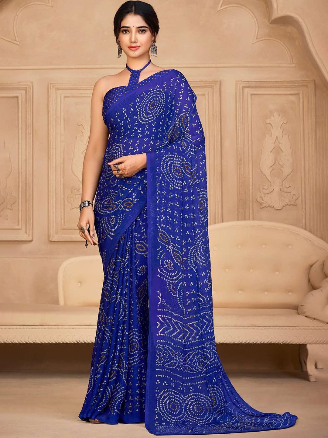 

DURGA EMPORIO Bandhani Printed Pure Chiffon Bandhani Saree, Blue