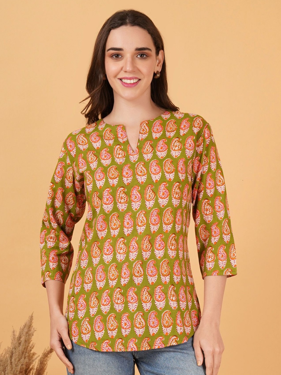 

GUDWEARS Women Printed Mandarin Collar Top, Olive