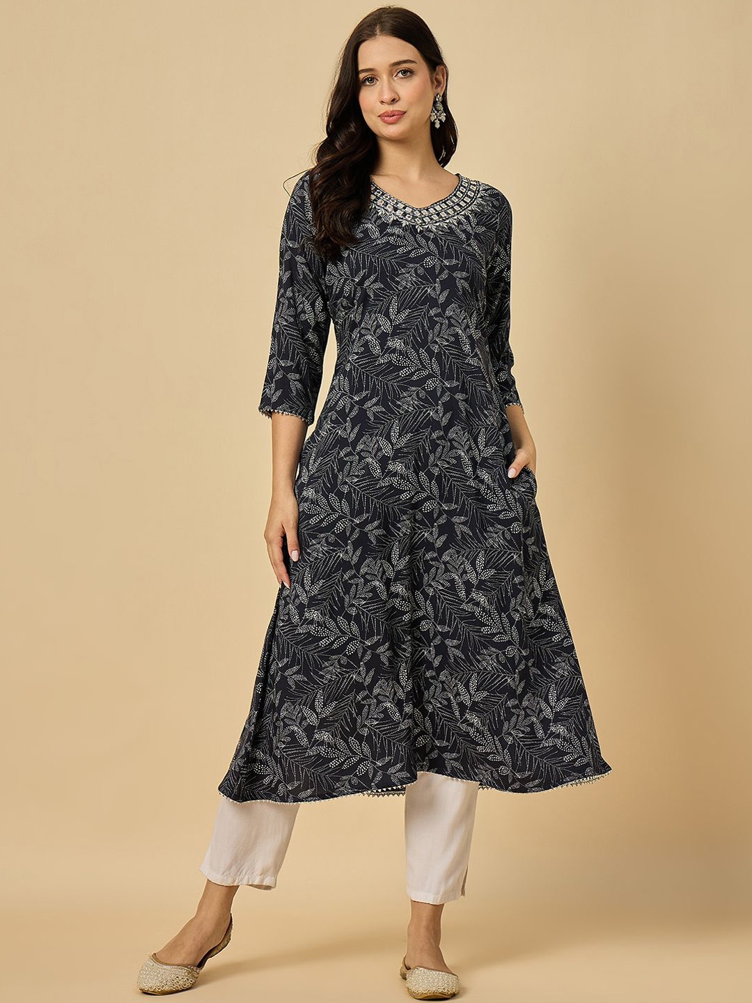 

Azira Floral Printed V-Neck Mirror Work A-Line Kurta, Navy blue