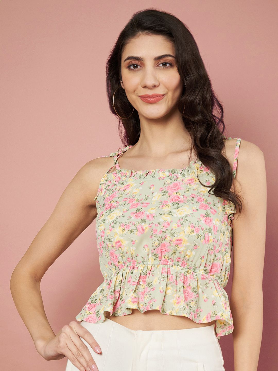 

Slenor Floral Print Ruffles Georgette Peplum Crop Top, Multi