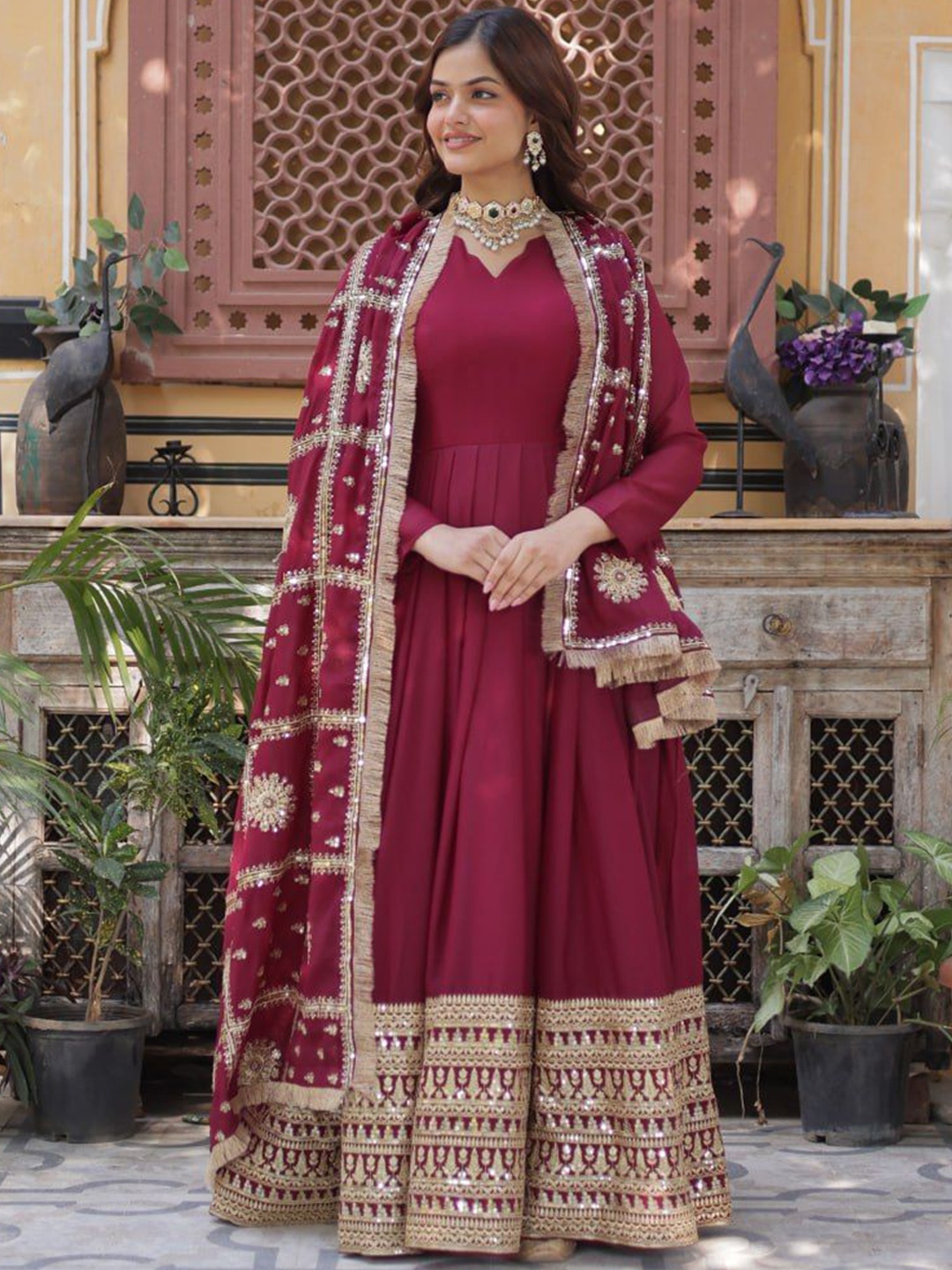 

JATRIQQ Women Zari Embroidered Gown With Dupatta Ready to Wear, Maroon
