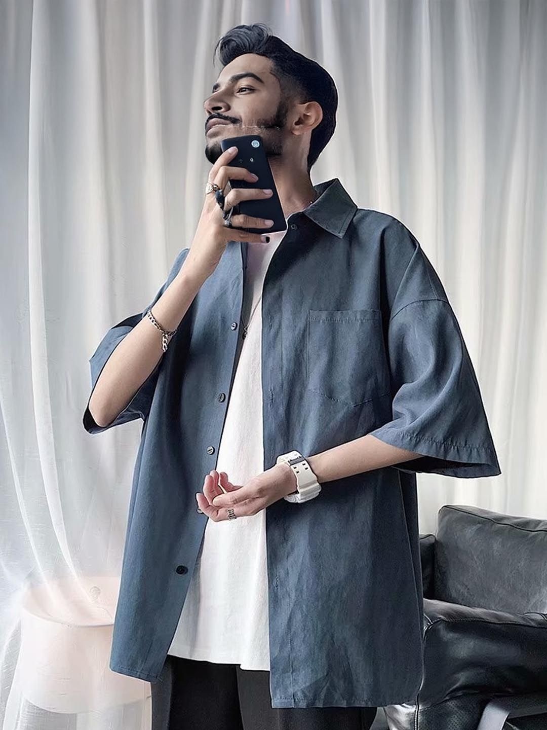 

StyleCast Men Spread Collar Solid Oversized Casual Shirt, Blue