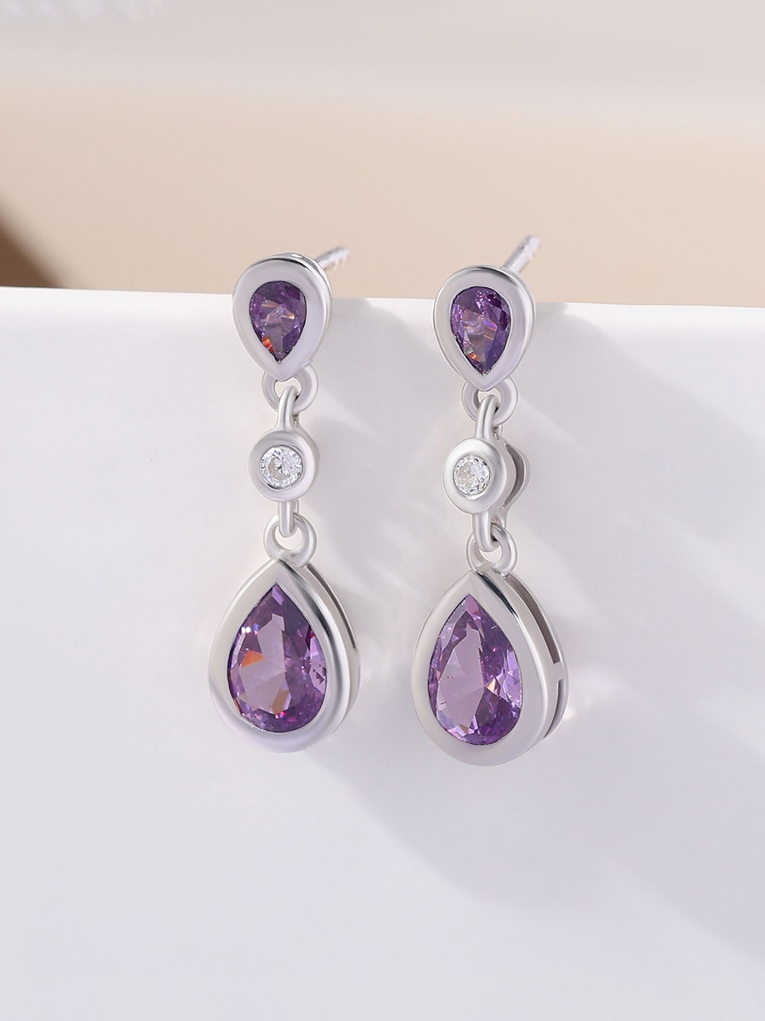 

Ornate Jewels 925 Silver Rhodium-Plated Amethyst Studded Teardrop Shaped Drop Earring