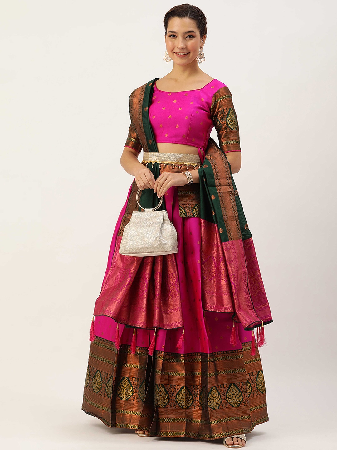 

DIVASTRI Floral Woven Design Zari Work Silk Semi-Stitched Lehenga & Blouse With Dupatta, Pink