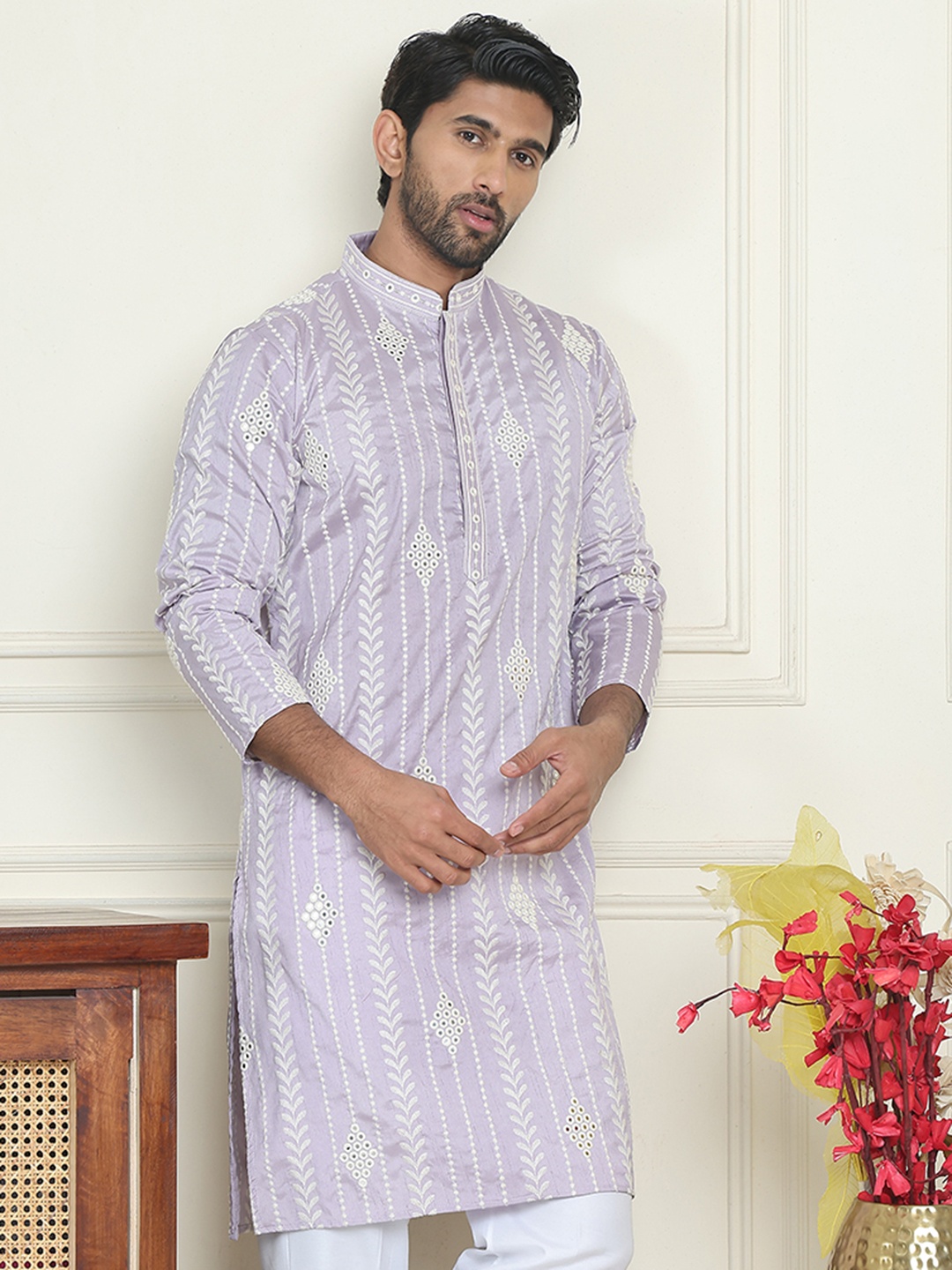 

Jompers Floral Embroidered Mandarin Collar Mirror Work Straight Kurtas, Purple