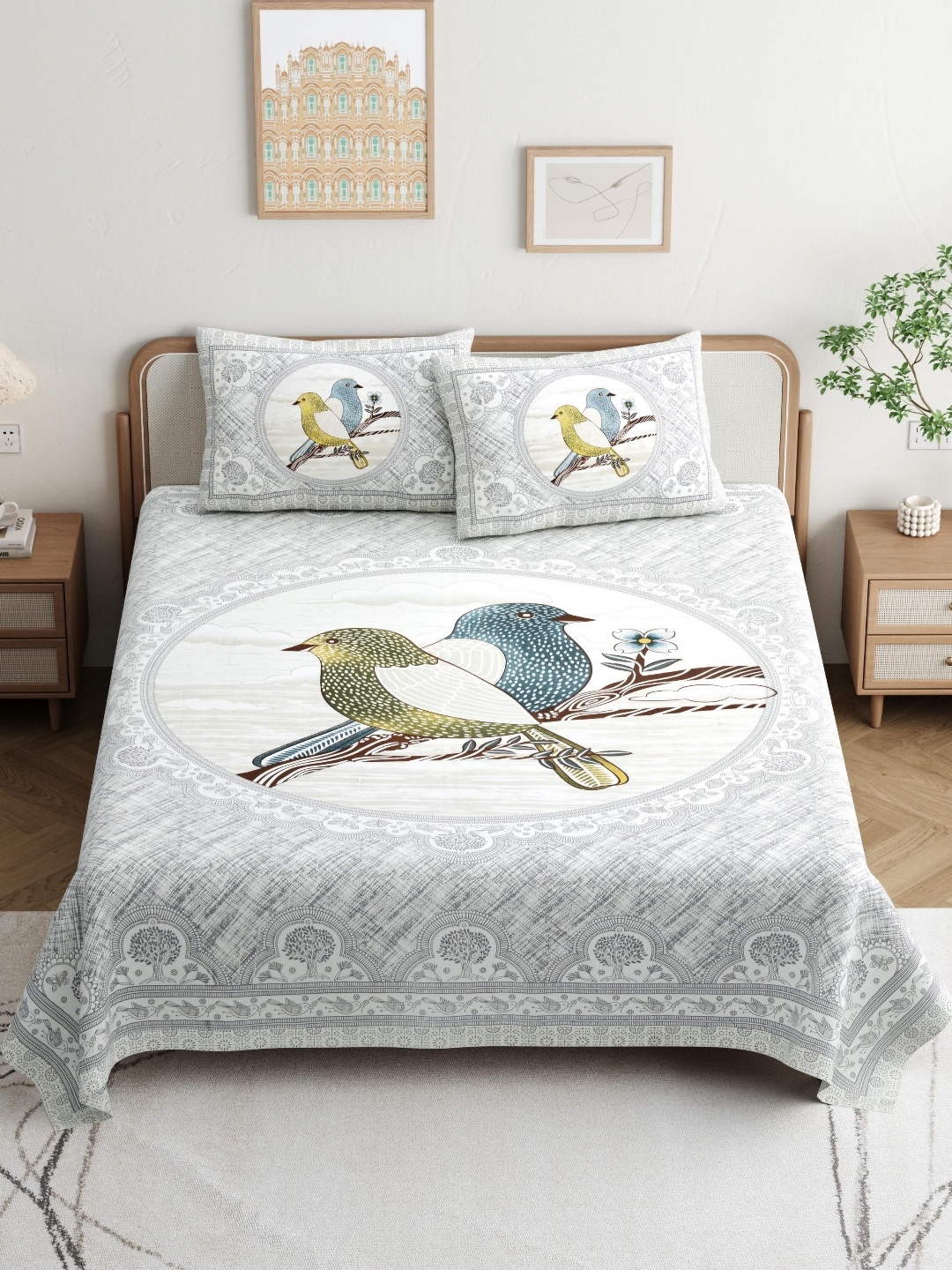 

JAIPUR PRIME Magnet Grey Printed Pure Cotton 180TC King Bedsheet Set 2.74m x 2.54m