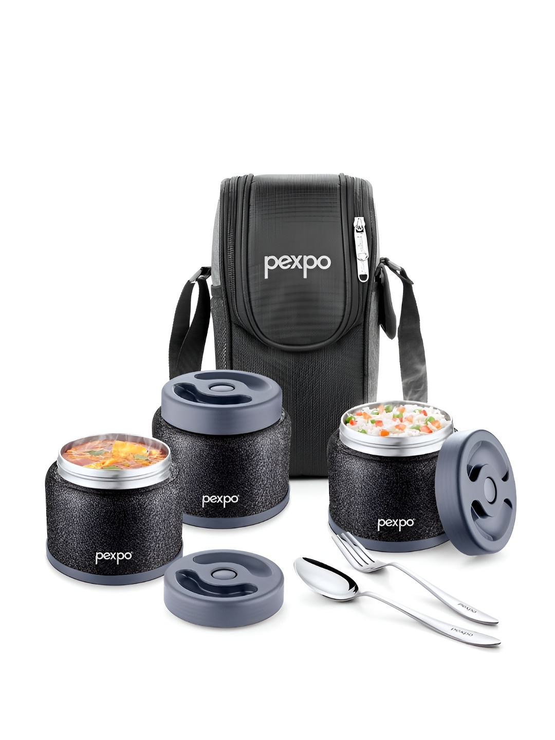 

Pexpo Black & White Stainless Steel Easy to Clean Lunch Bag With 3 Containers
