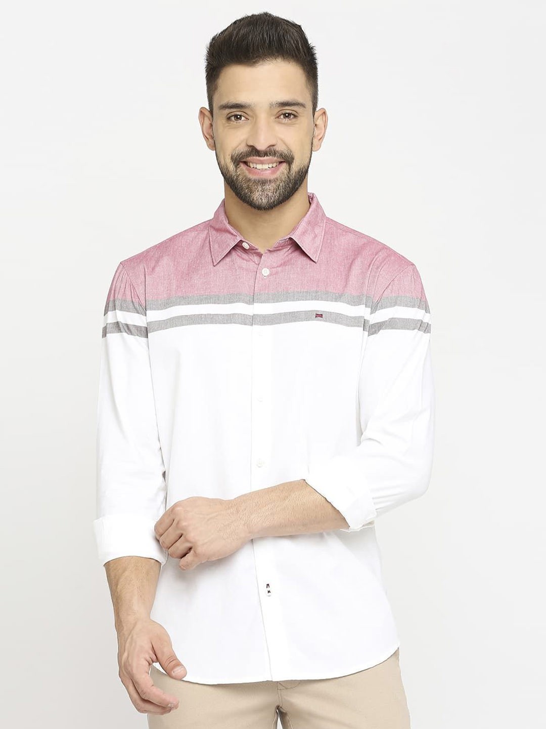 

Basics Men Relaxed Slim Fit Spread Collar Colourblocked Cotton Casual Shirt, White