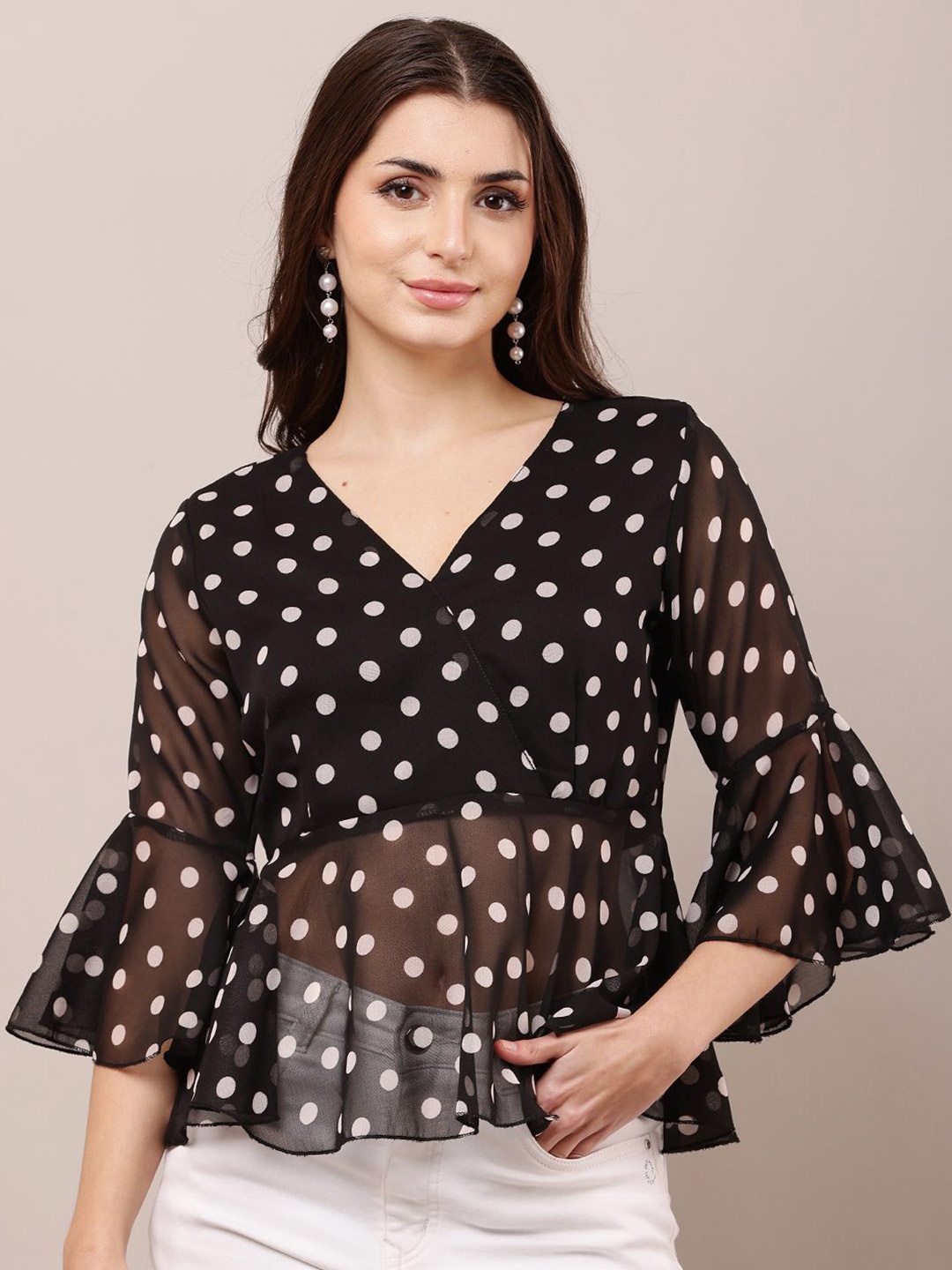 

Raabta Fashion Women Polka Dots Printed V-Neck Top, Black