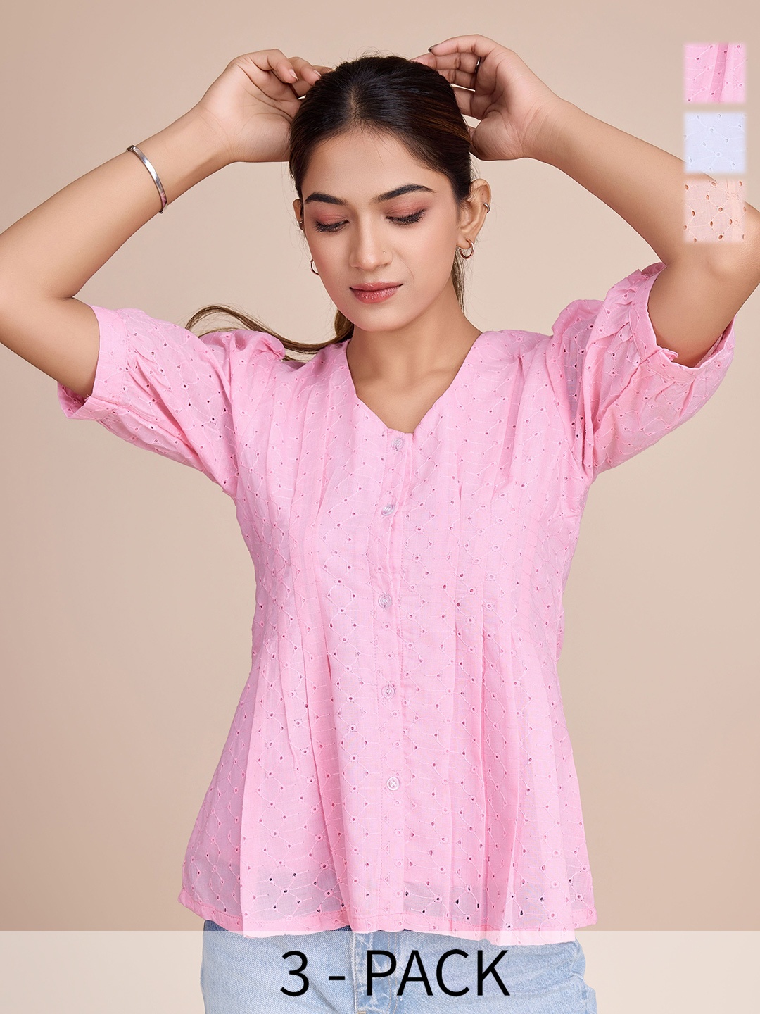

HOUSE OF MIRA Pack Of 3 Self Design Round Neck Schiffli Cotton Top, Pink