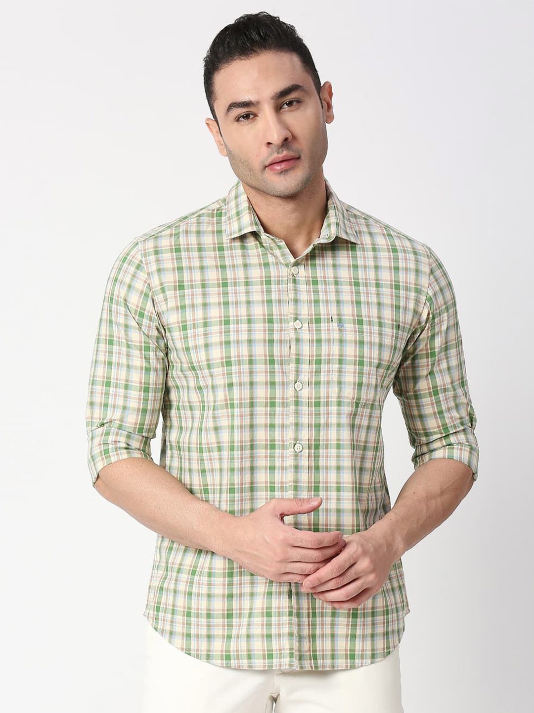 

Basics Men Relaxed Fit Spread Collar Checked Cotton Casual Shirt, Green