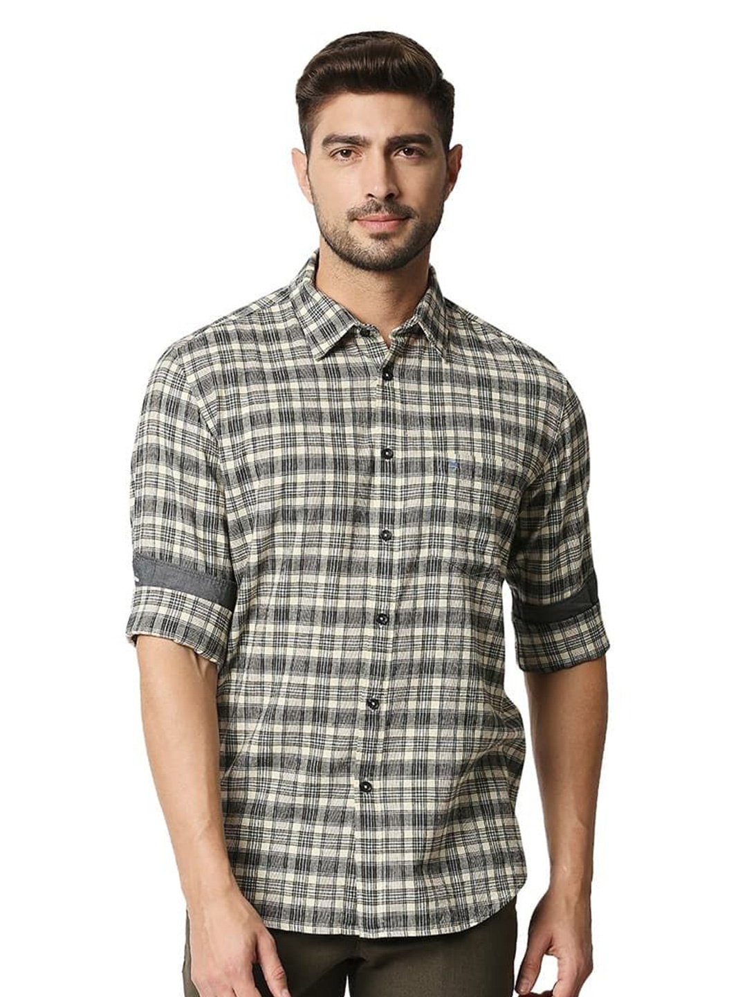 

Basics Men Relaxed Fit Spread Collar Checked Cotton Casual Shirt, Beige