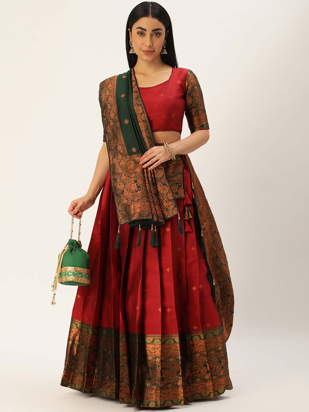 

DIVASTRI Woven Design Silk Semi-Stitched Lehenga & Unstitched Blouse With Dupatta, Maroon