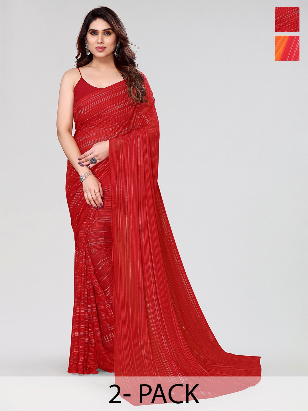 

Moda Rapido Set of 2 Striped Satin Sarees, Red