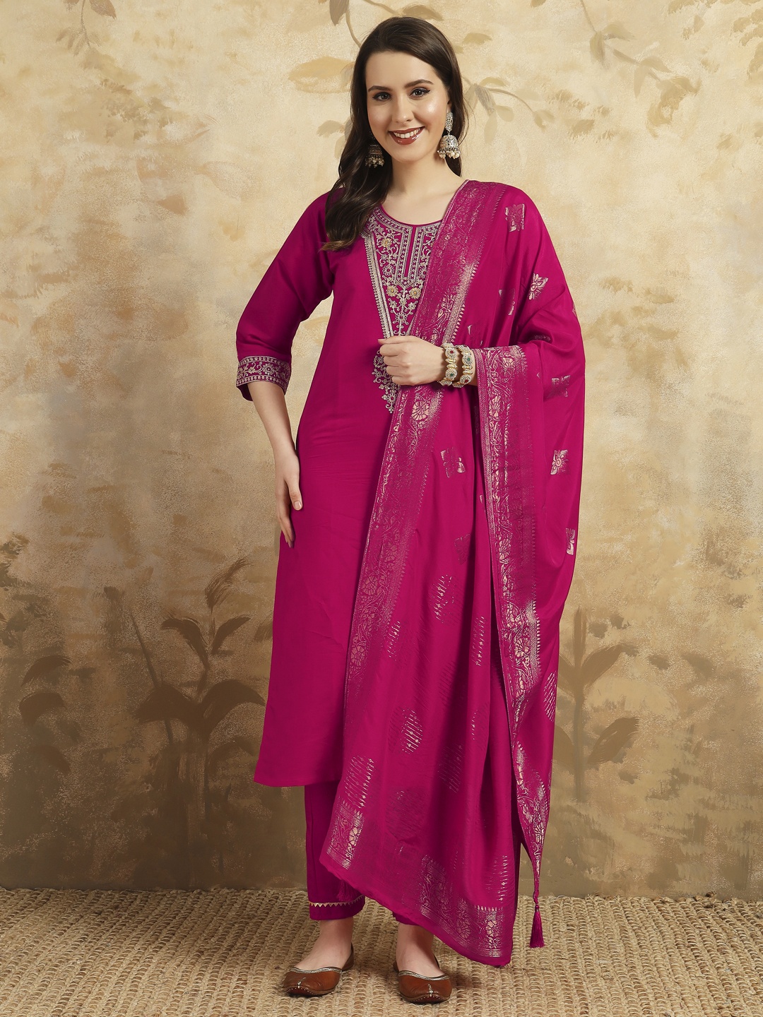 

ZIBLON Women Ethnic Motifs Embroidered Regular Sequinned Chanderi Cotton Kurti with Trousers & With Dupatta, Pink