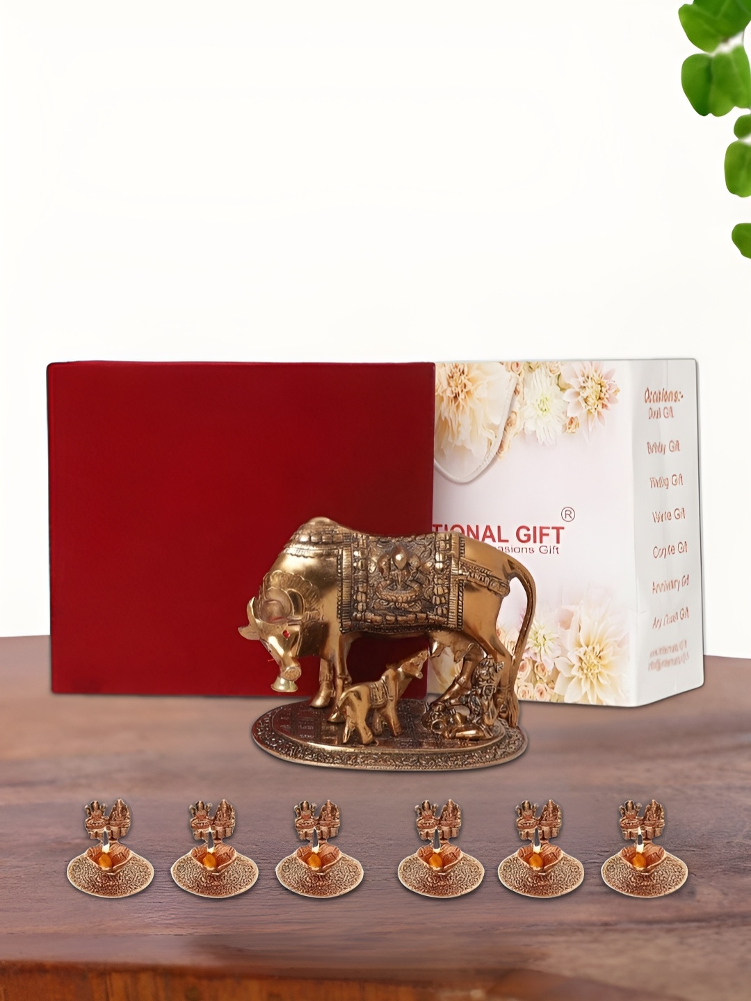 

INTERNATIONAL GIFT Brown Kamdhenu Cow with 6 Diya Box and Bag, Copper