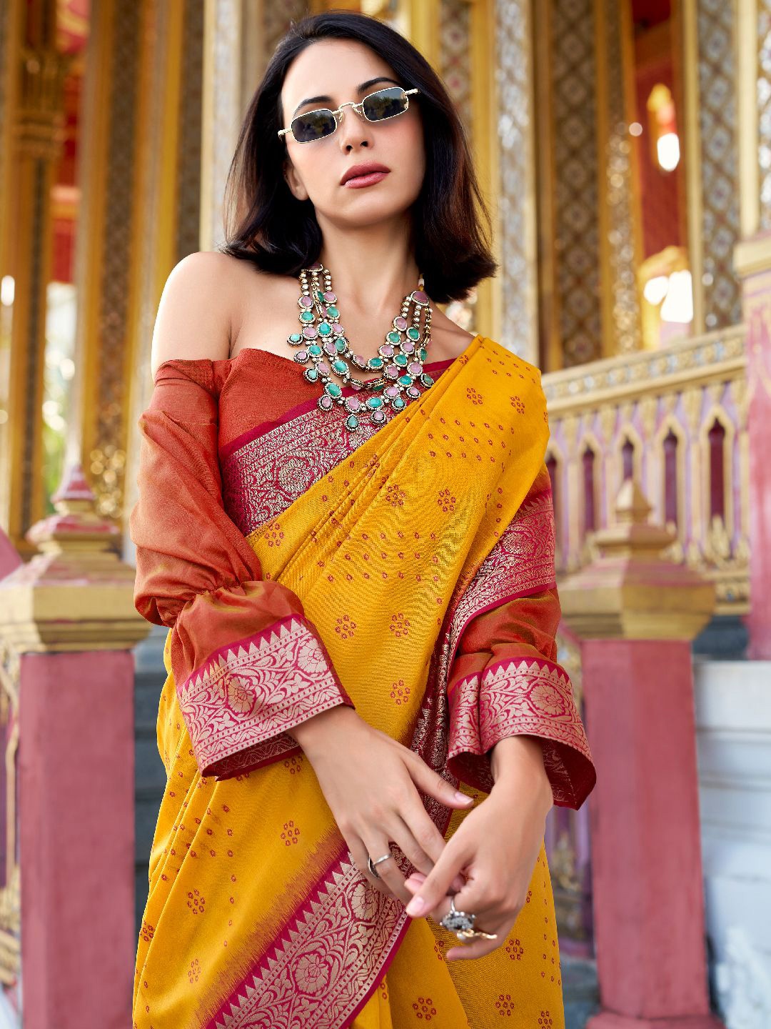

LeeliPeeri Designer Bandhani Woven Design Tussar Saree, Yellow