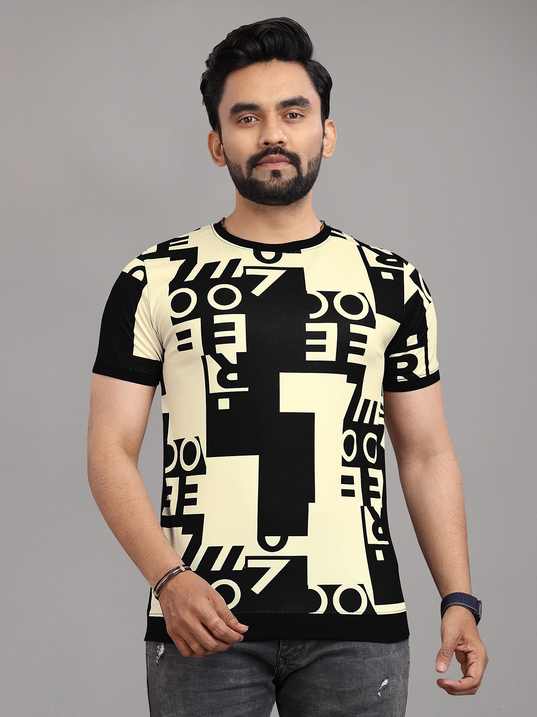 

FABRIPPLE Men Typography Printed Round Neck T-shirt, Beige