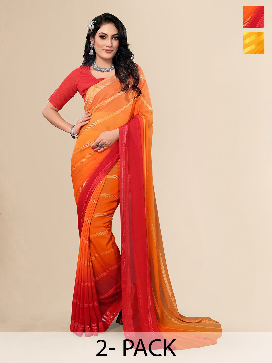 

Moda Rapido Set of 2 Striped Printed Satin Sarees, Red