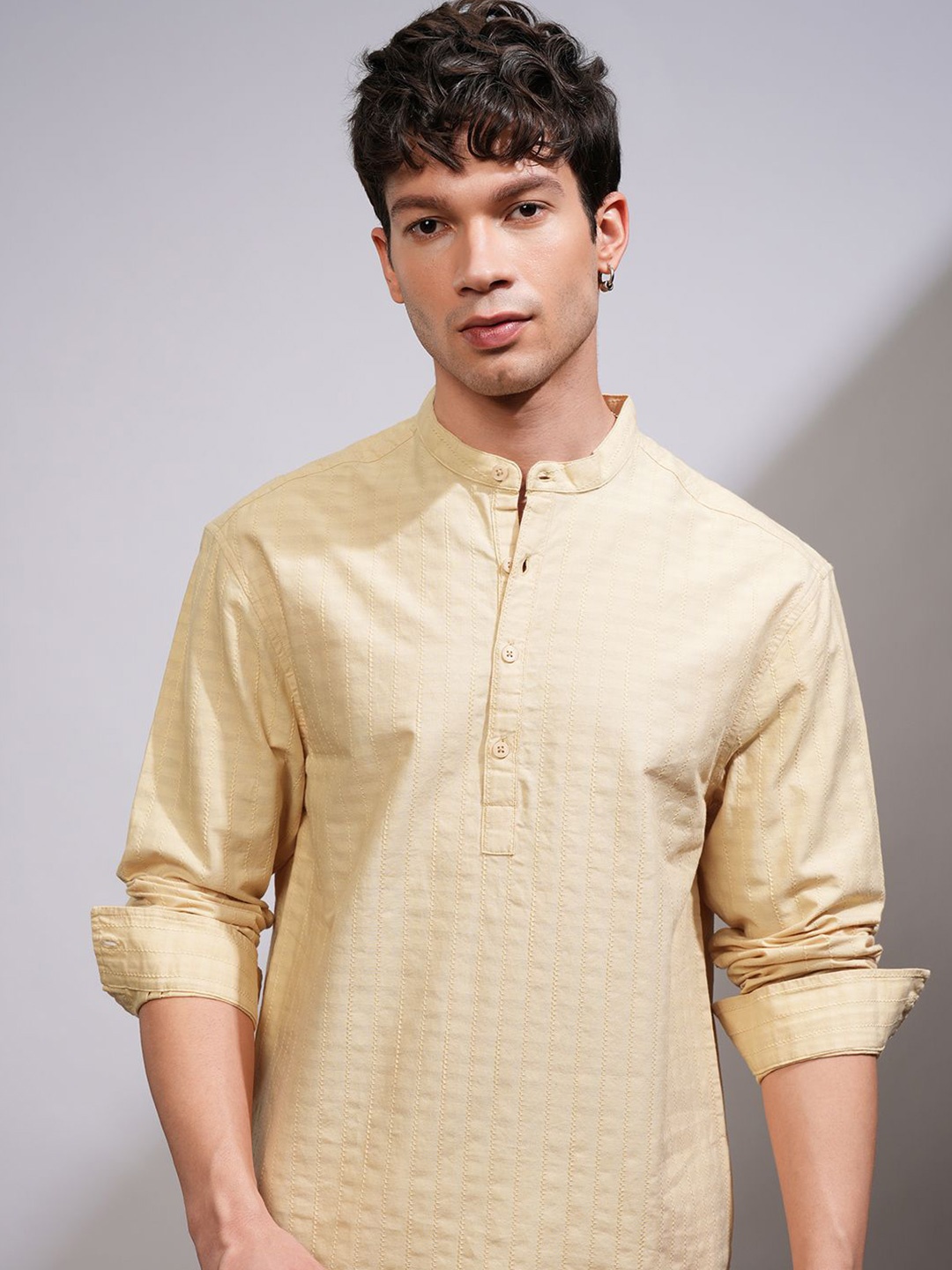 

HIGHLANDER Men Relaxed Fit Band Collar Textured Cotton Casual Shirt, Yellow