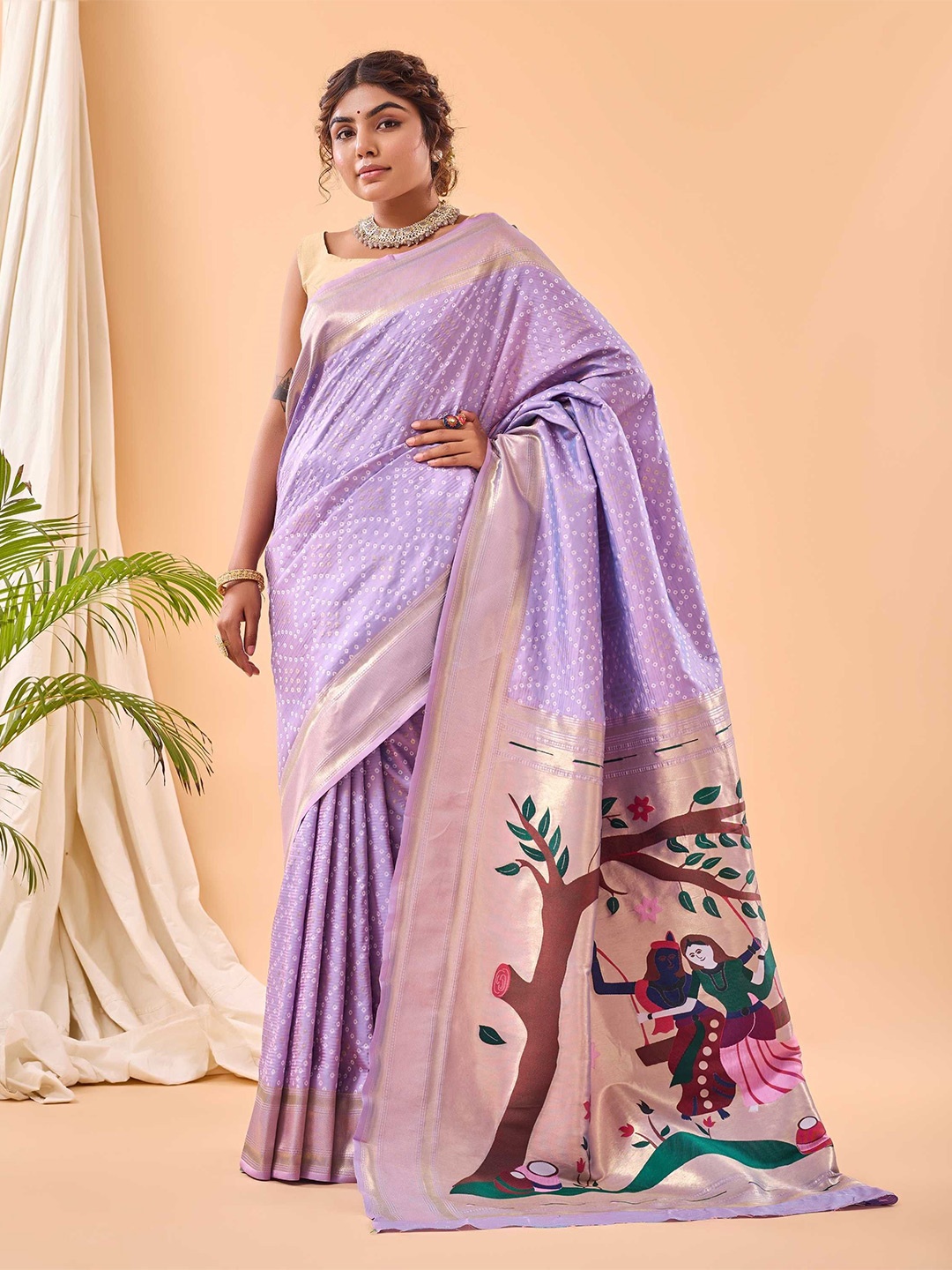 

DIVASTRI Bandhani Zari Paithani Saree, Lavender