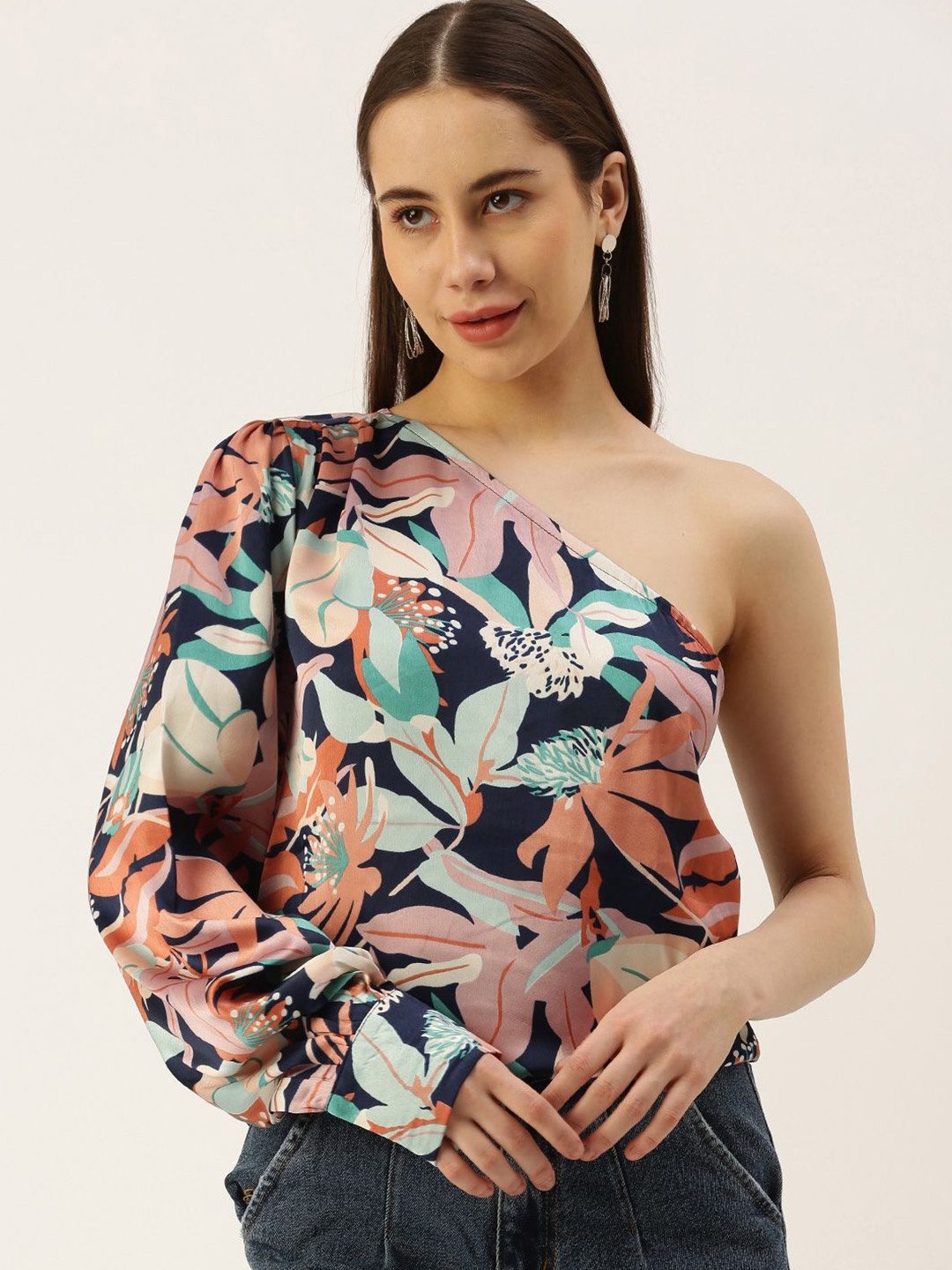 

VYMO Floral Print One Shoulder Top, Peach