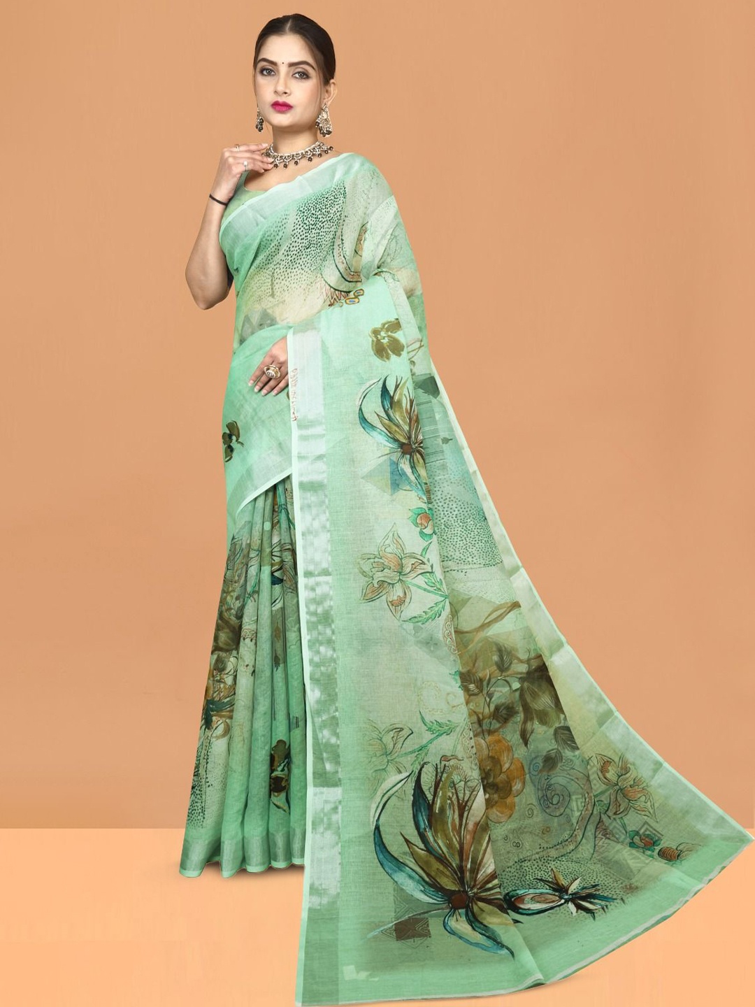 

Abhilasha Floral Printed Pure Cotton Maheshwari Saree, Green