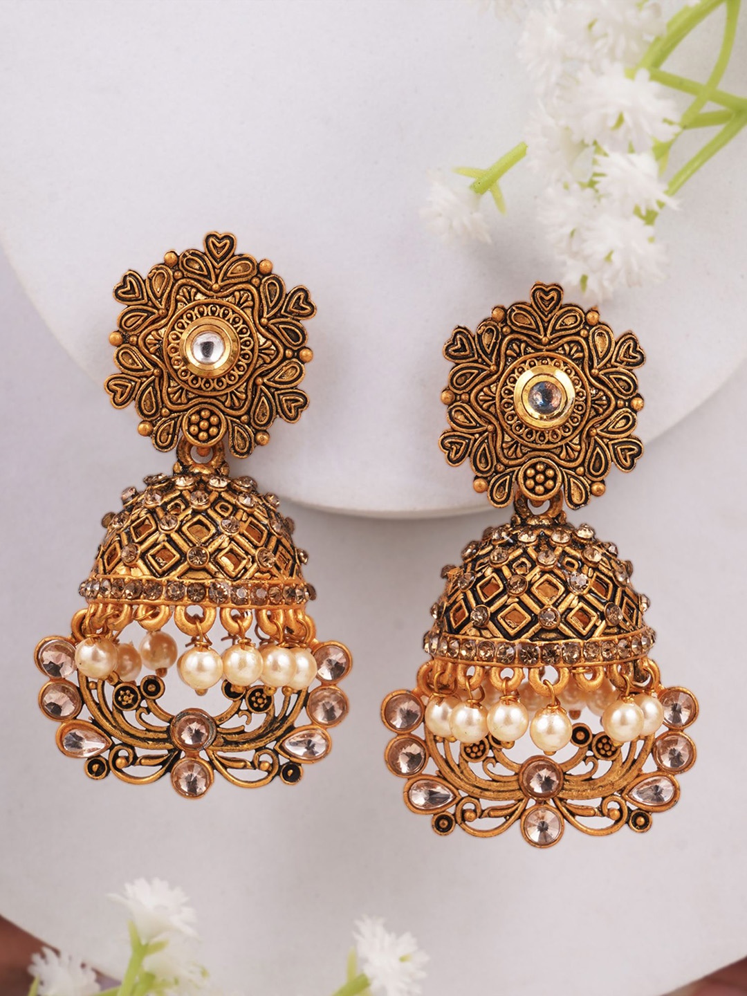 

Adwitiya Collection Gold-Plated Artificial Stones Studded Dome Shaped Jhumka