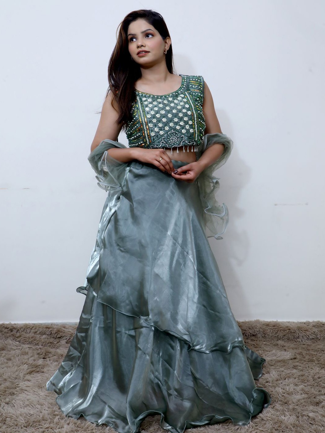 

Wavy Collection Beads and Stones Embellished Lehenga With Blouse & Dupatta, Green