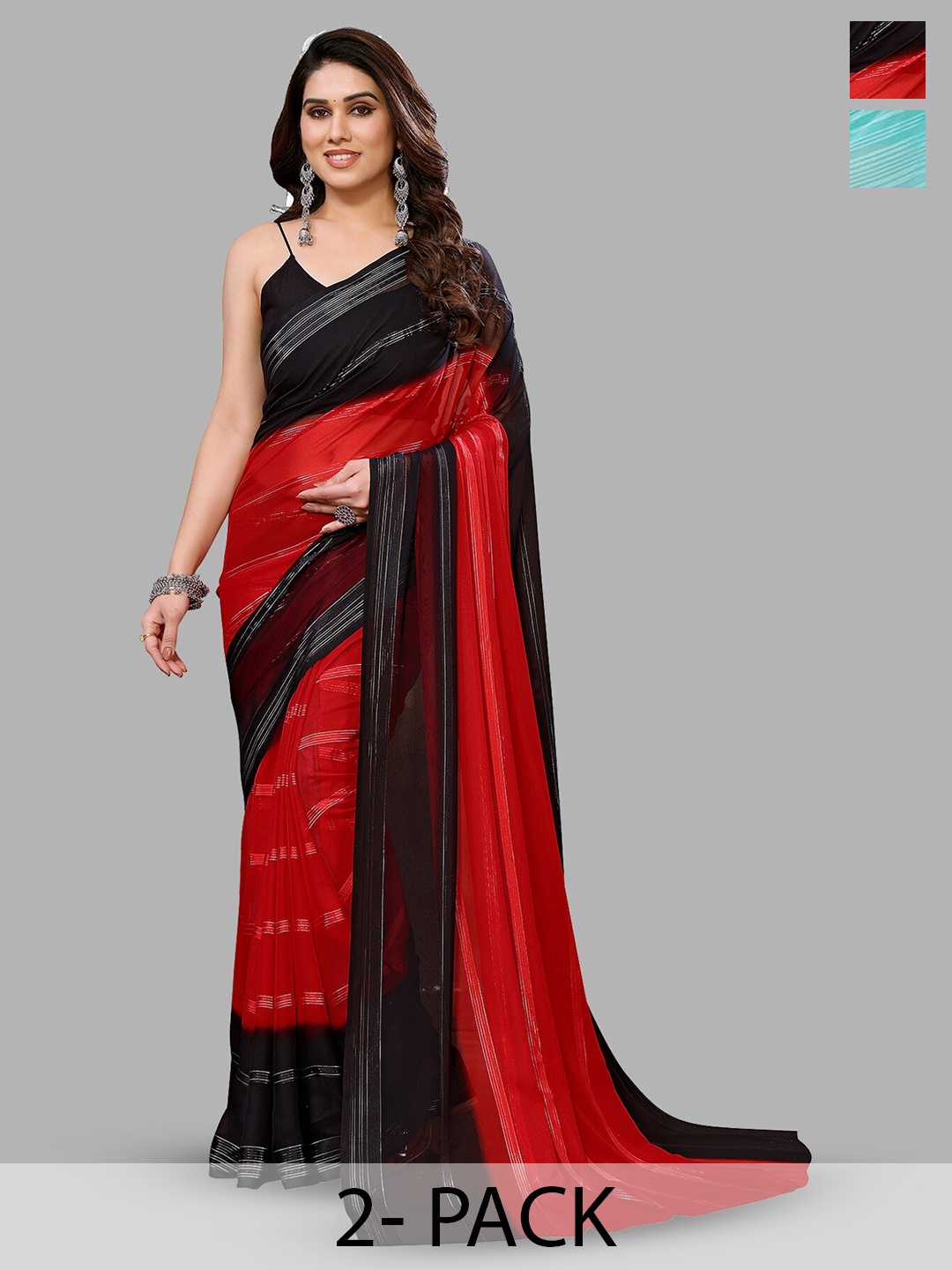 

Moda Rapido Set of 2 Striped Satin Sarees, Red