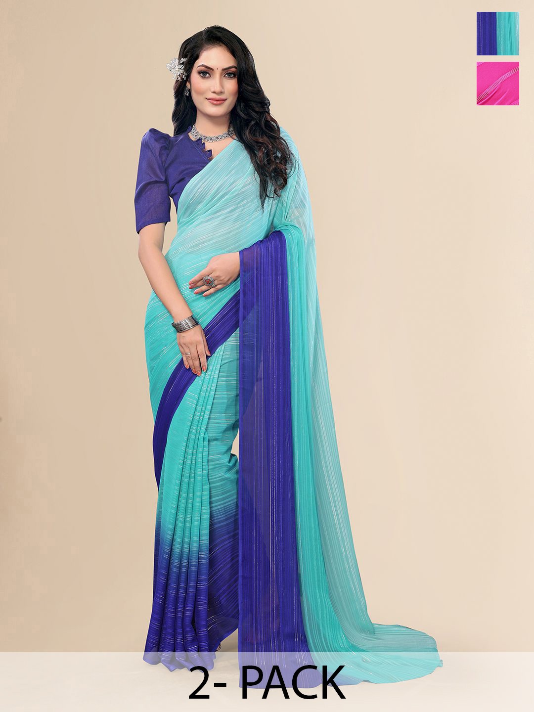 

Moda Rapido Set of 2 Striped Printed Satin Sarees, Blue