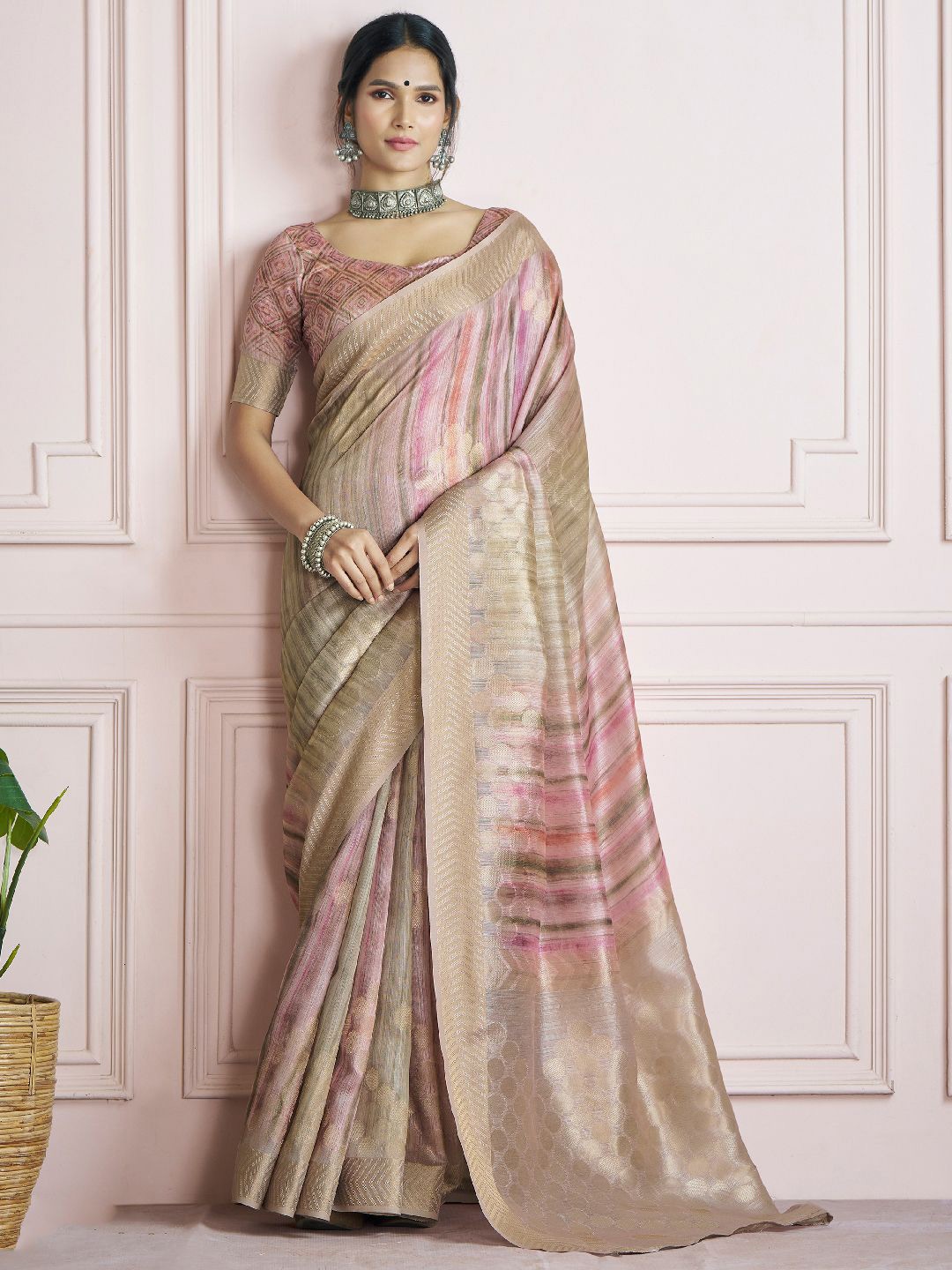 

LeeliPeeri Designer Polka Dot Zari Silk Blend Khadi Saree, Beige